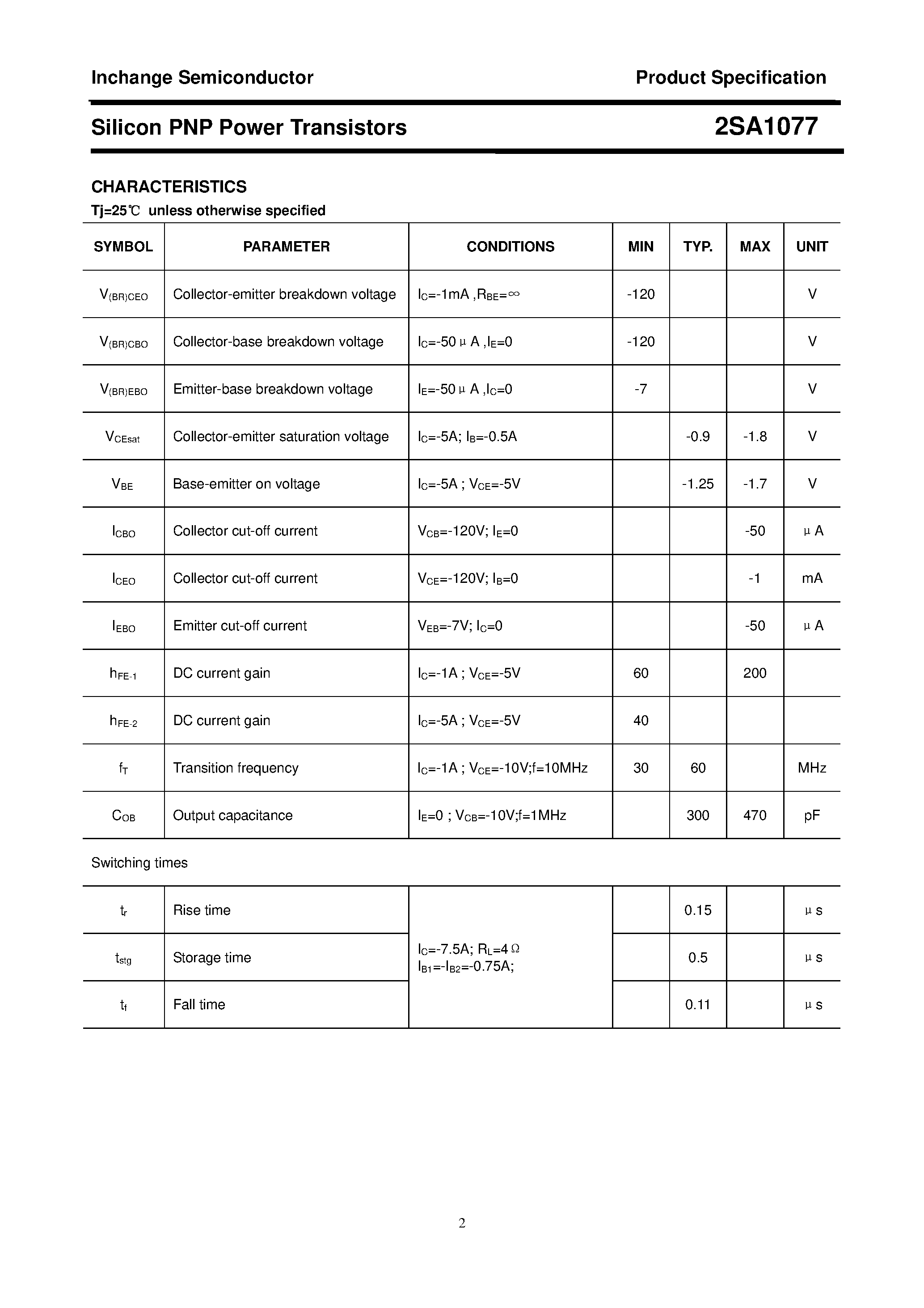 Datasheet 2SA1077 page 2 Datasheet 2SA1077 - POWER TRANSISTOR page 2