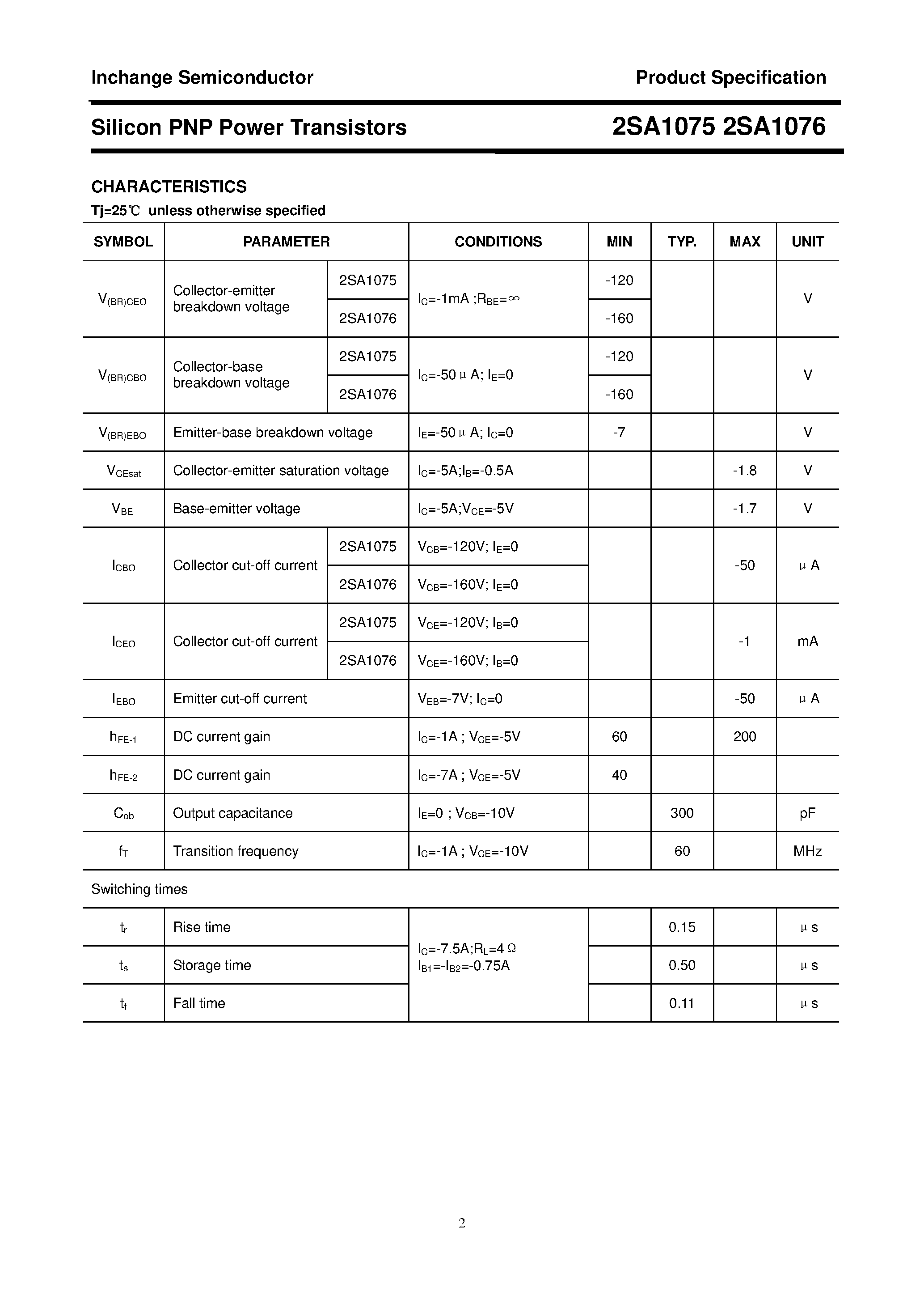 Datasheet 2SA1076 - POWER TRANSISTOR page 2