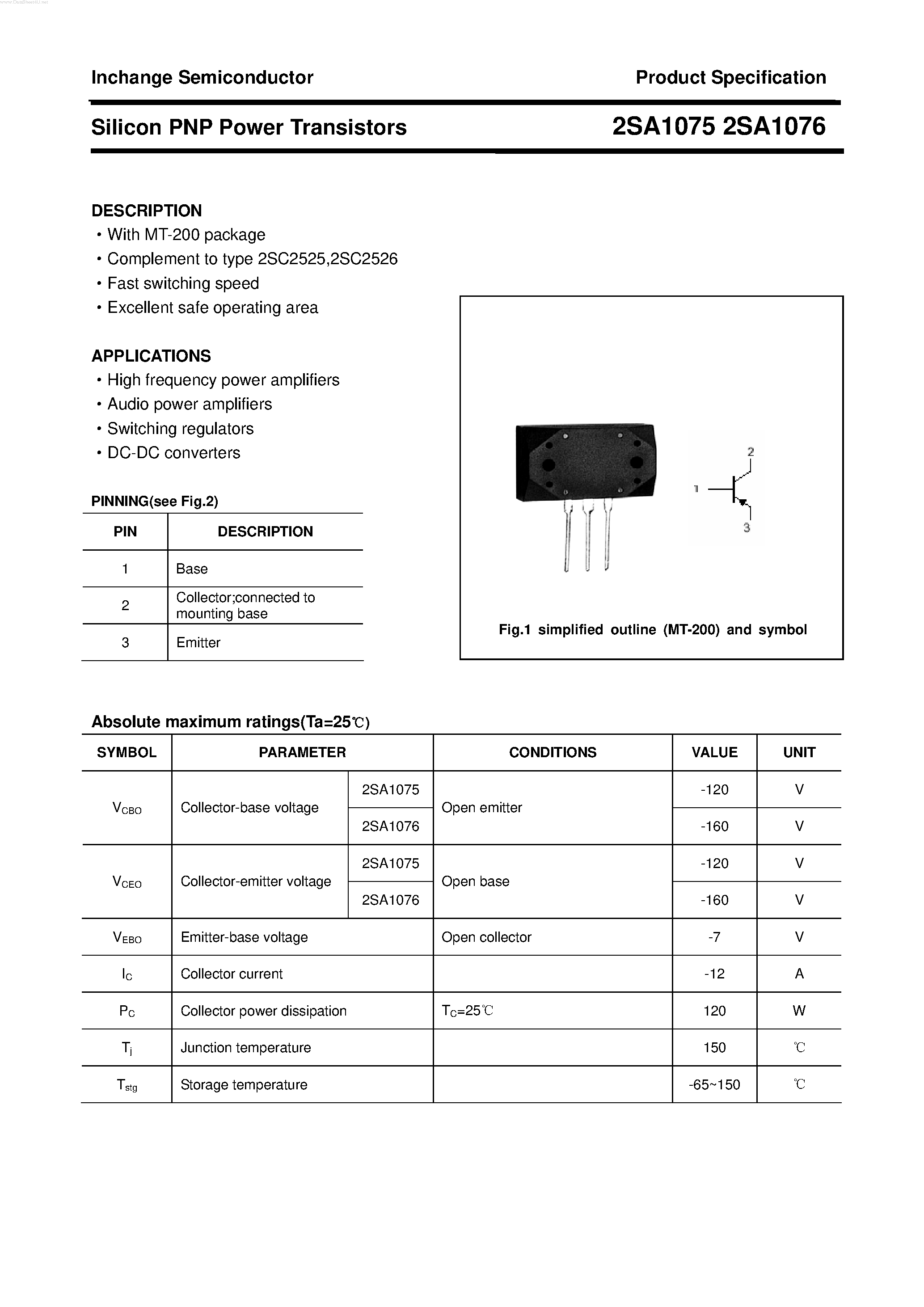 Datasheet 2SA1075 - POWER TRANSISTOR page 1