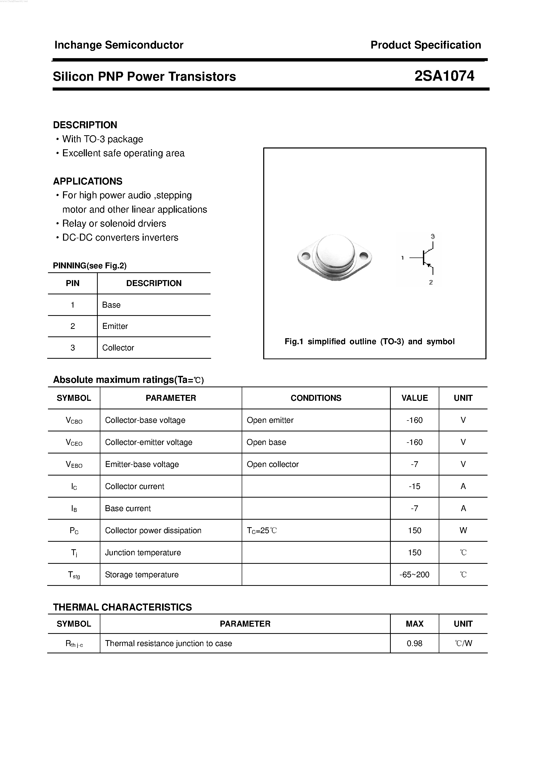 Datasheet 2SA1074 page 1 Datasheet 2SA1074 - POWER TRANSISTOR page 1