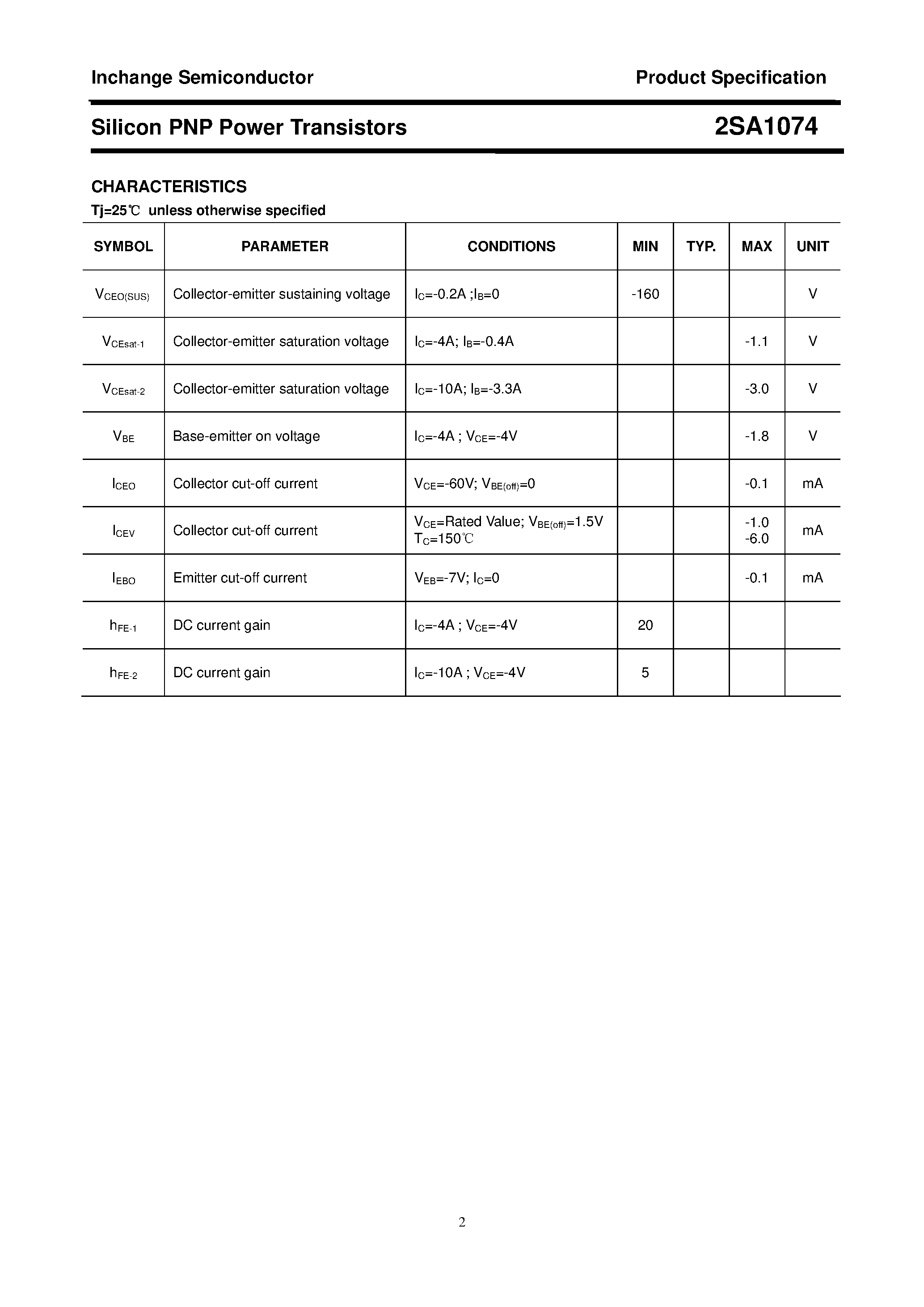 Datasheet 2SA1074 page 2 Datasheet 2SA1074 - POWER TRANSISTOR page 2