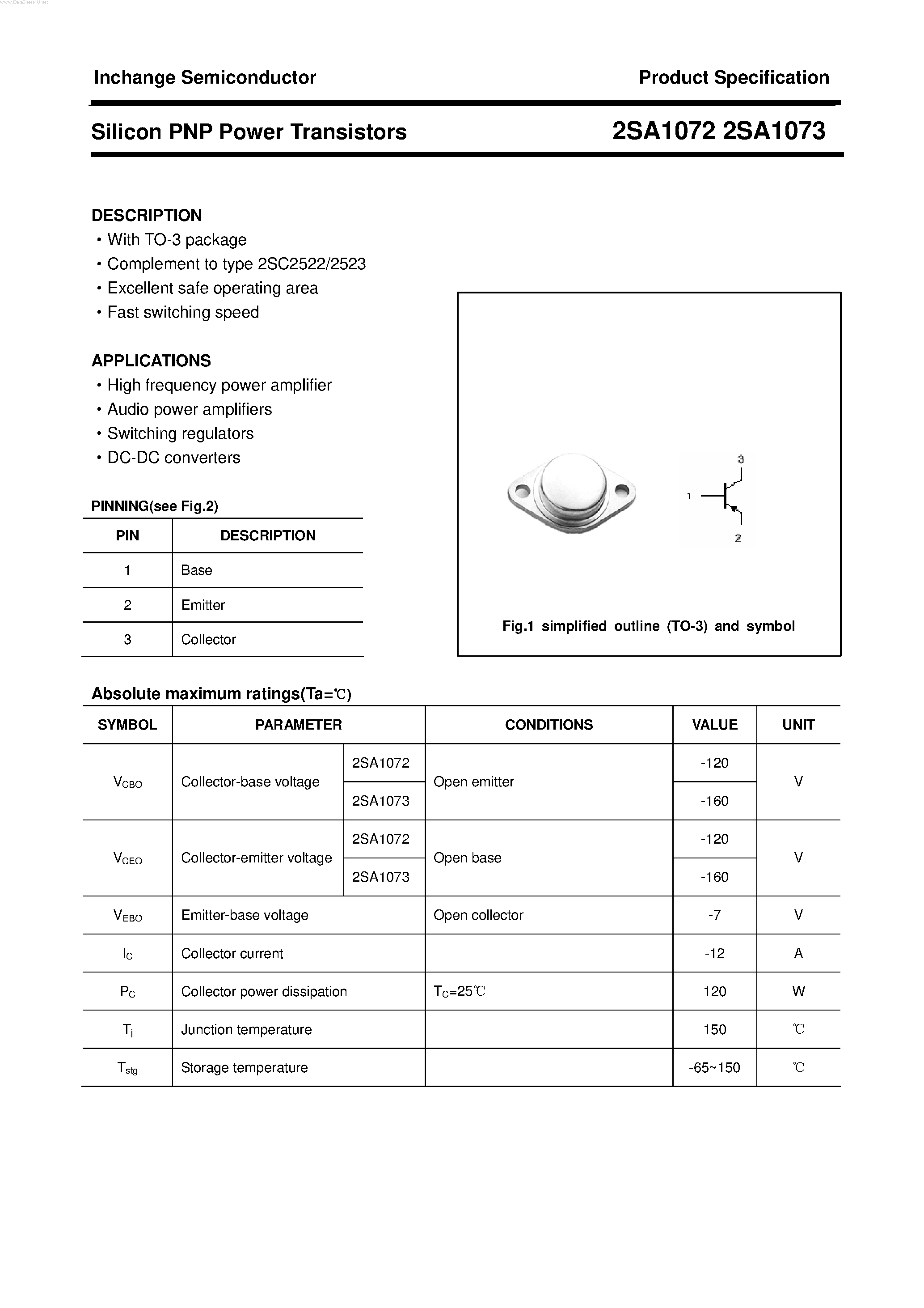 Datasheet 2SA1073 - POWER TRANSISTOR page 1
