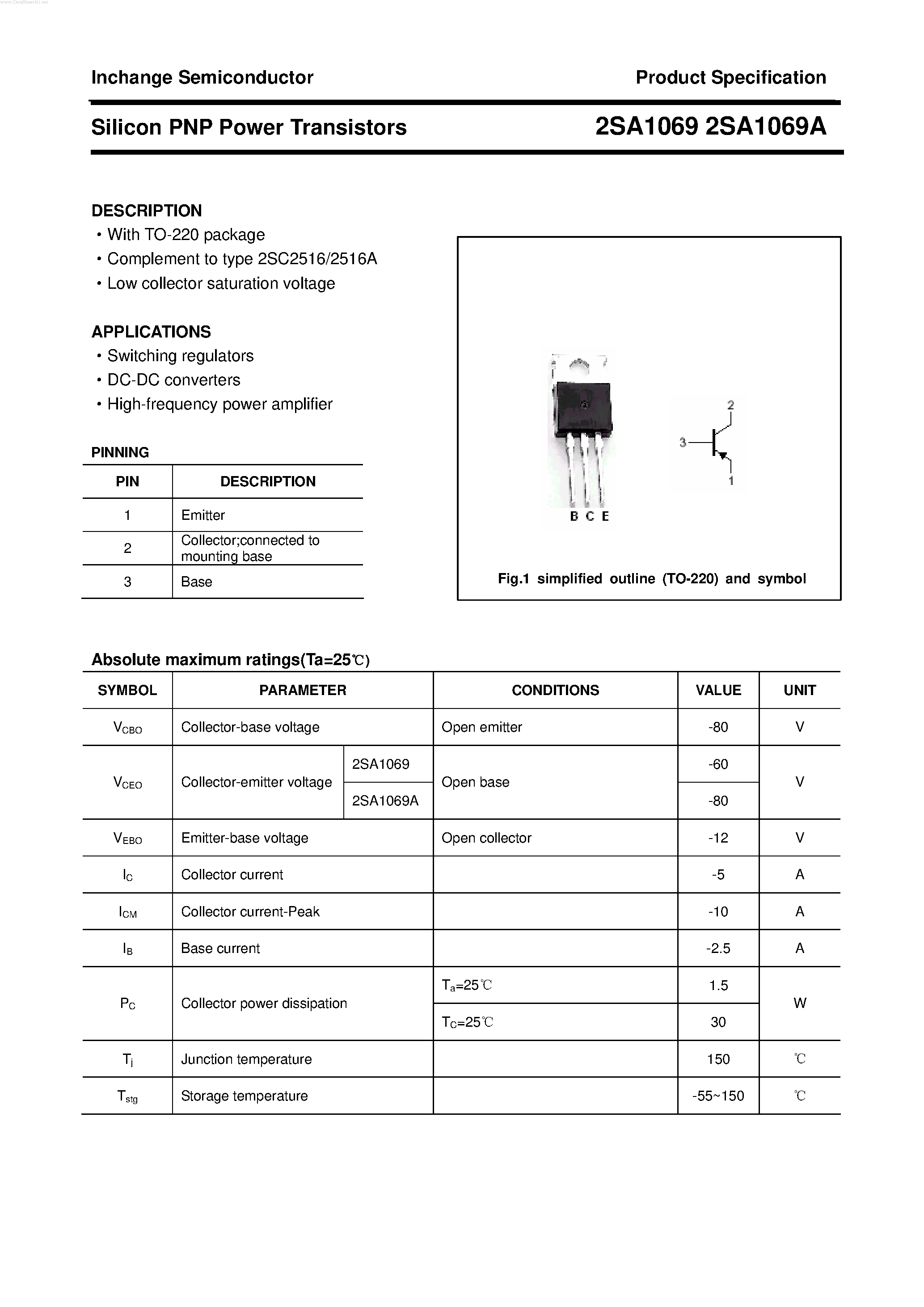 Datasheet 2SA1069A page 1 Datasheet 2SA1069A - POWER TRANSISTOR page 1
