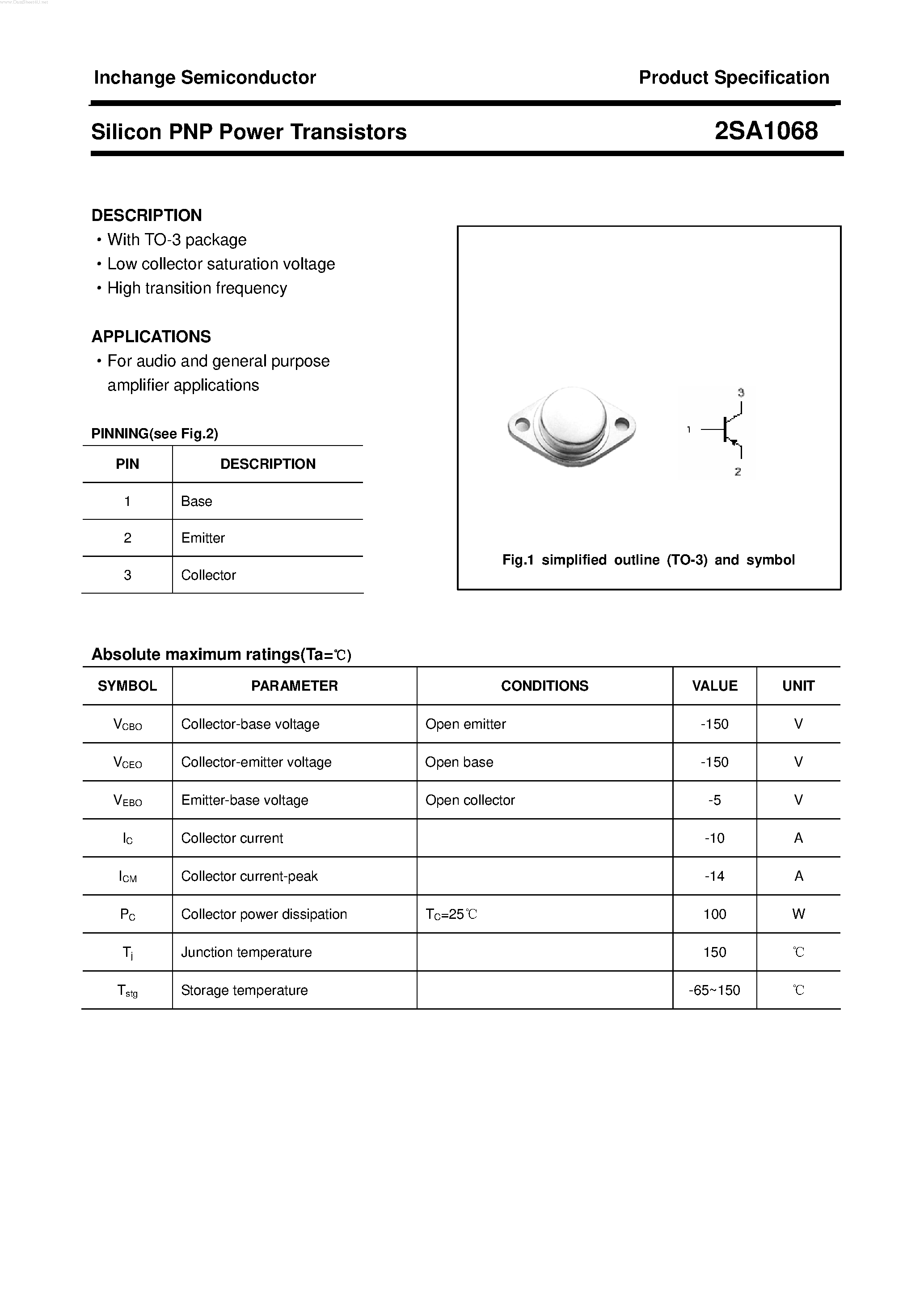 Datasheet 2SA1068 page 1 Datasheet 2SA1068 - POWER TRANSISTOR page 1