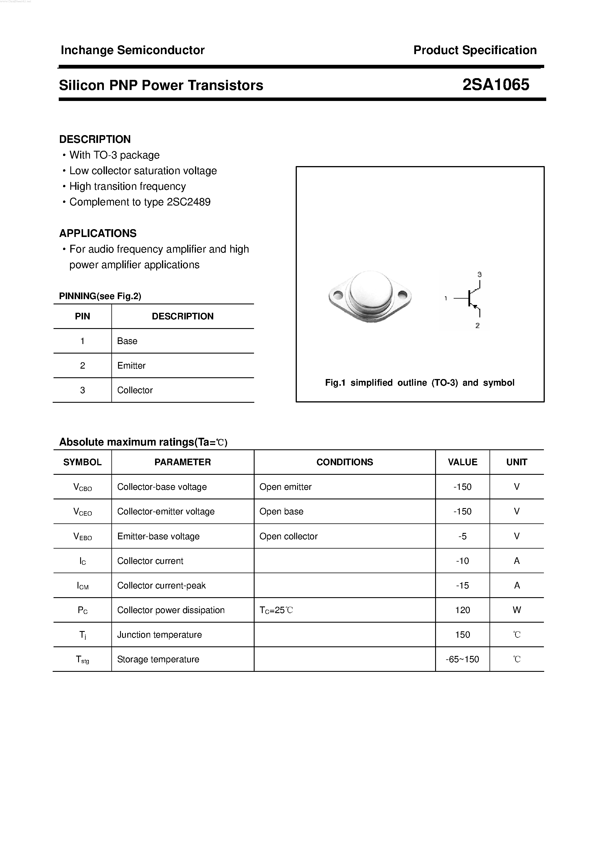 Datasheet 2SA1065 - POWER TRANSISTOR page 1