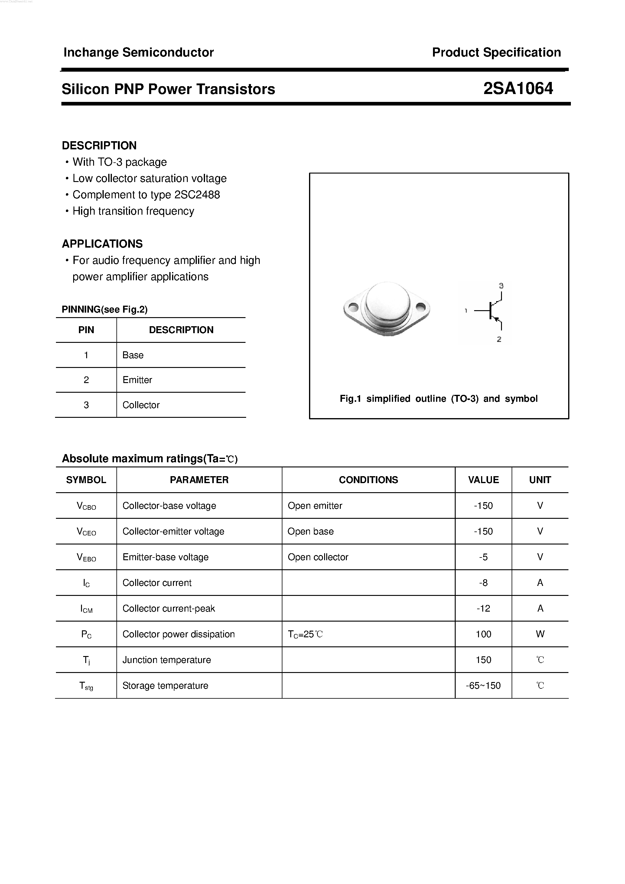 Datasheet 2SA1064 - POWER TRANSISTOR page 1