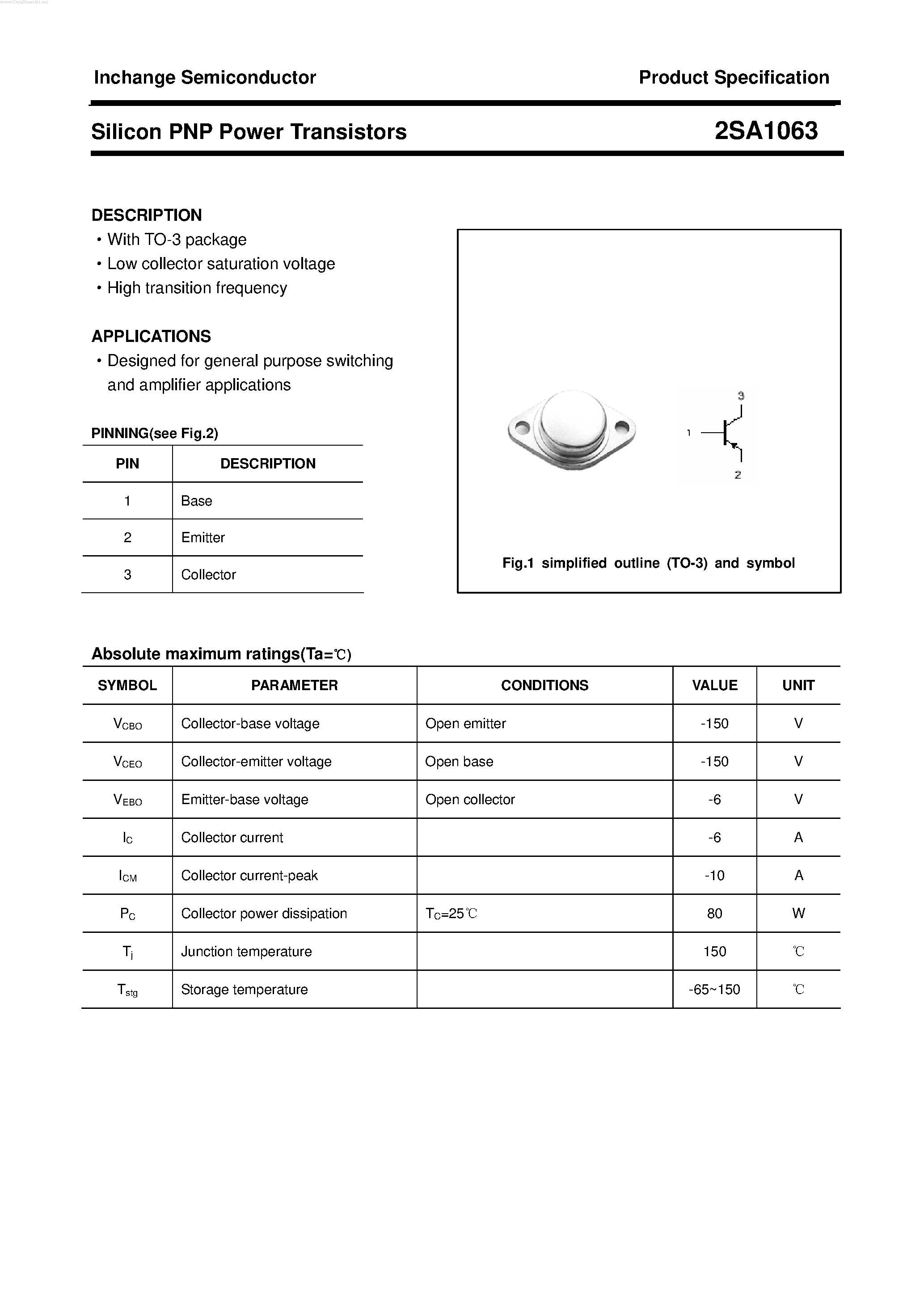 Datasheet 2SA1063 - POWER TRANSISTOR page 1