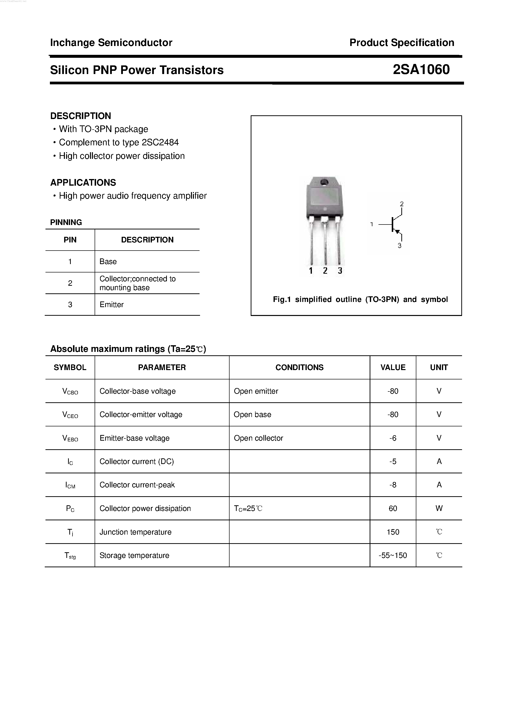 Datasheet 2SA1060 page 1 Datasheet 2SA1060 - POWER TRANSISTOR page 1