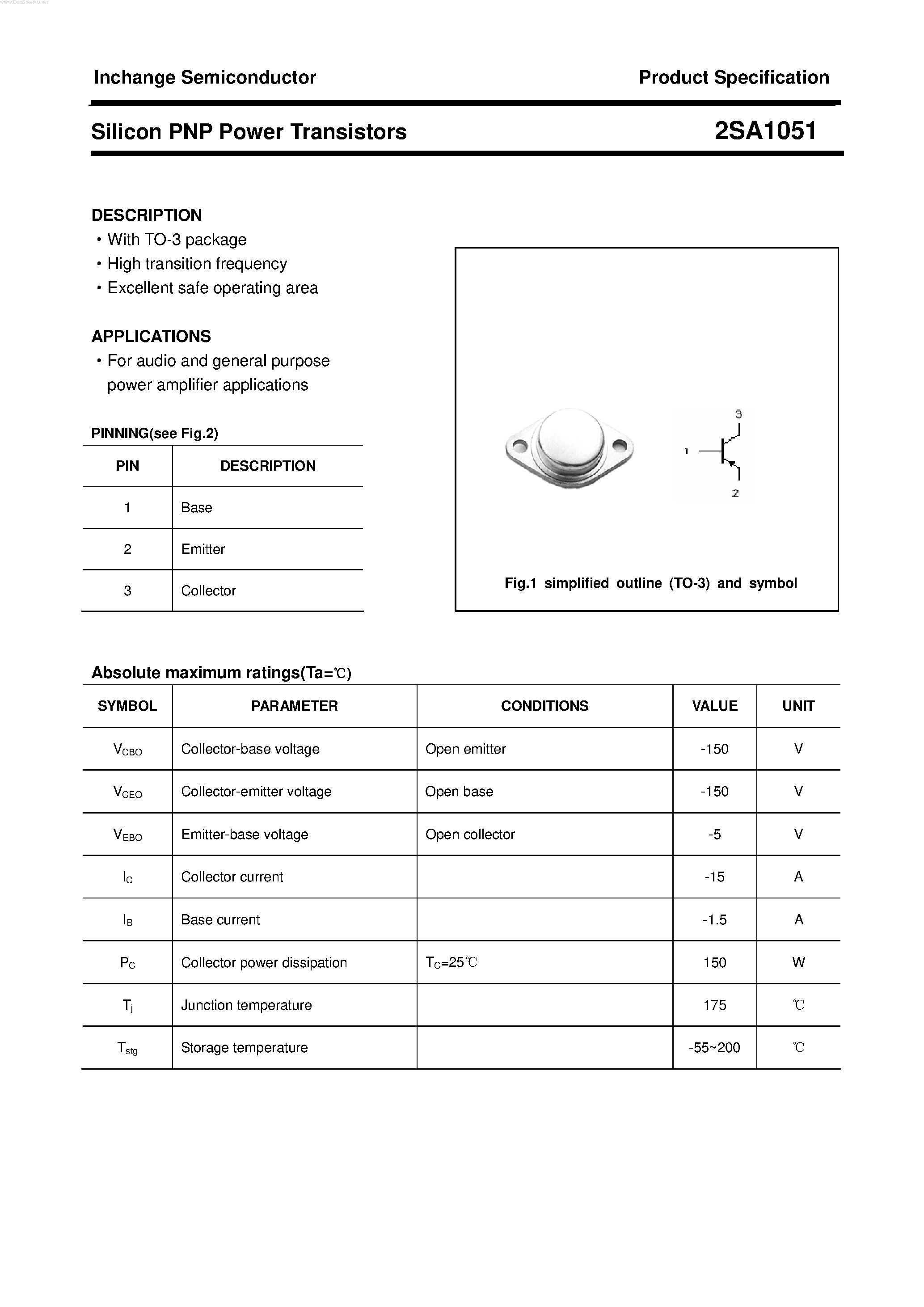 Datasheet 2SA1051 - POWER TRANSISTOR page 1