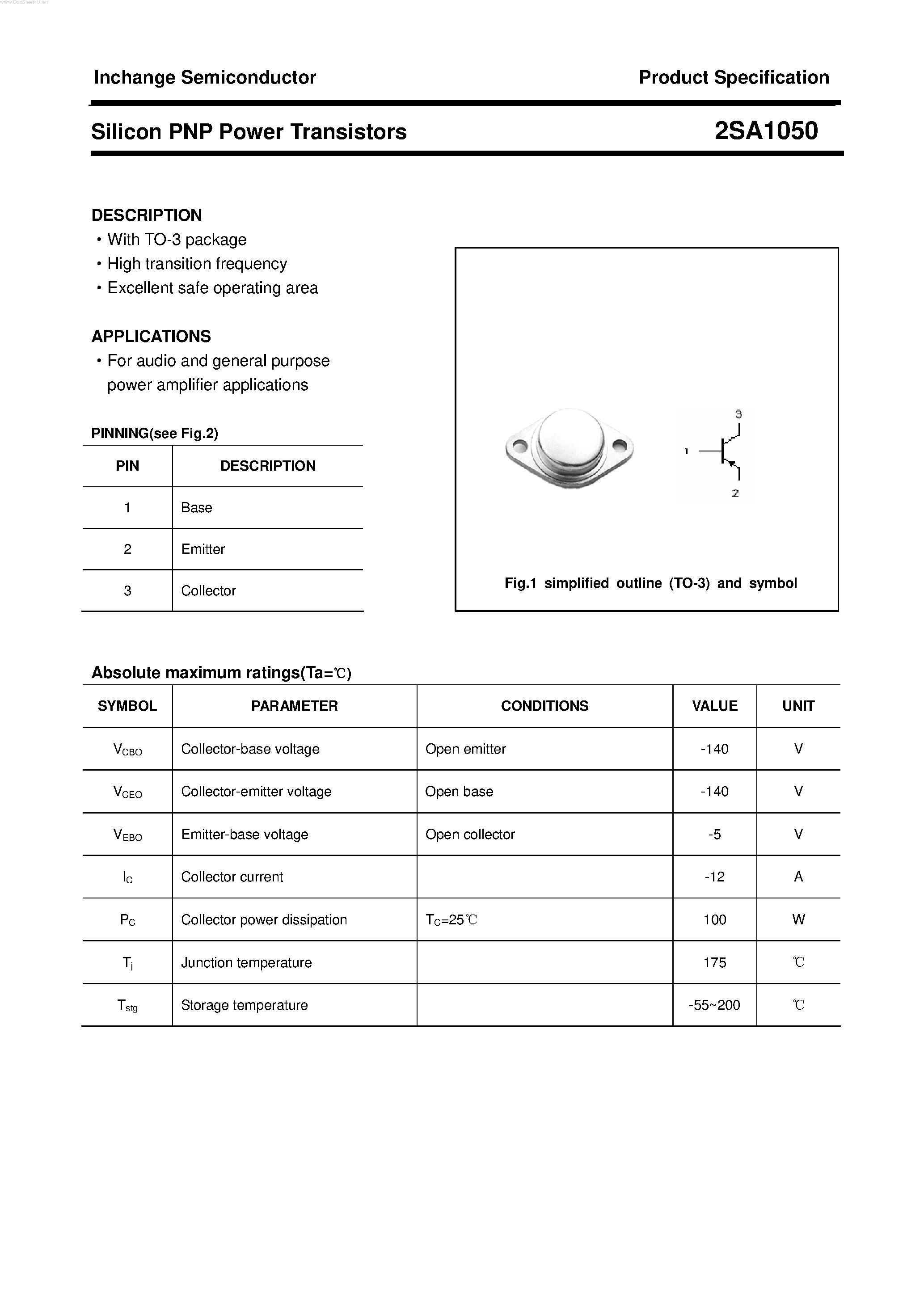 Datasheet 2SA1050 - POWER TRANSISTOR page 1