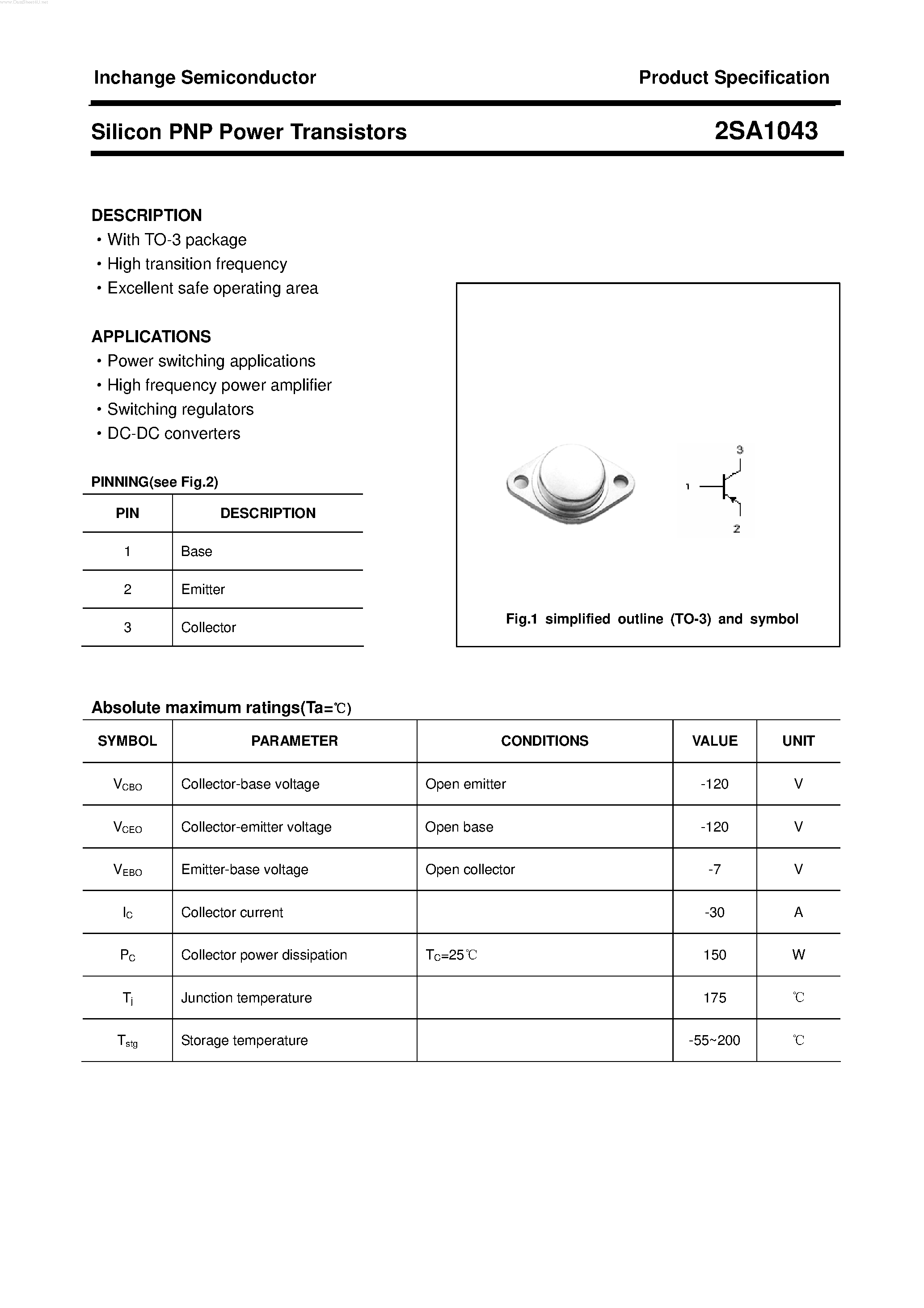 Datasheet 2SA1043 - POWER TRANSISTOR page 1