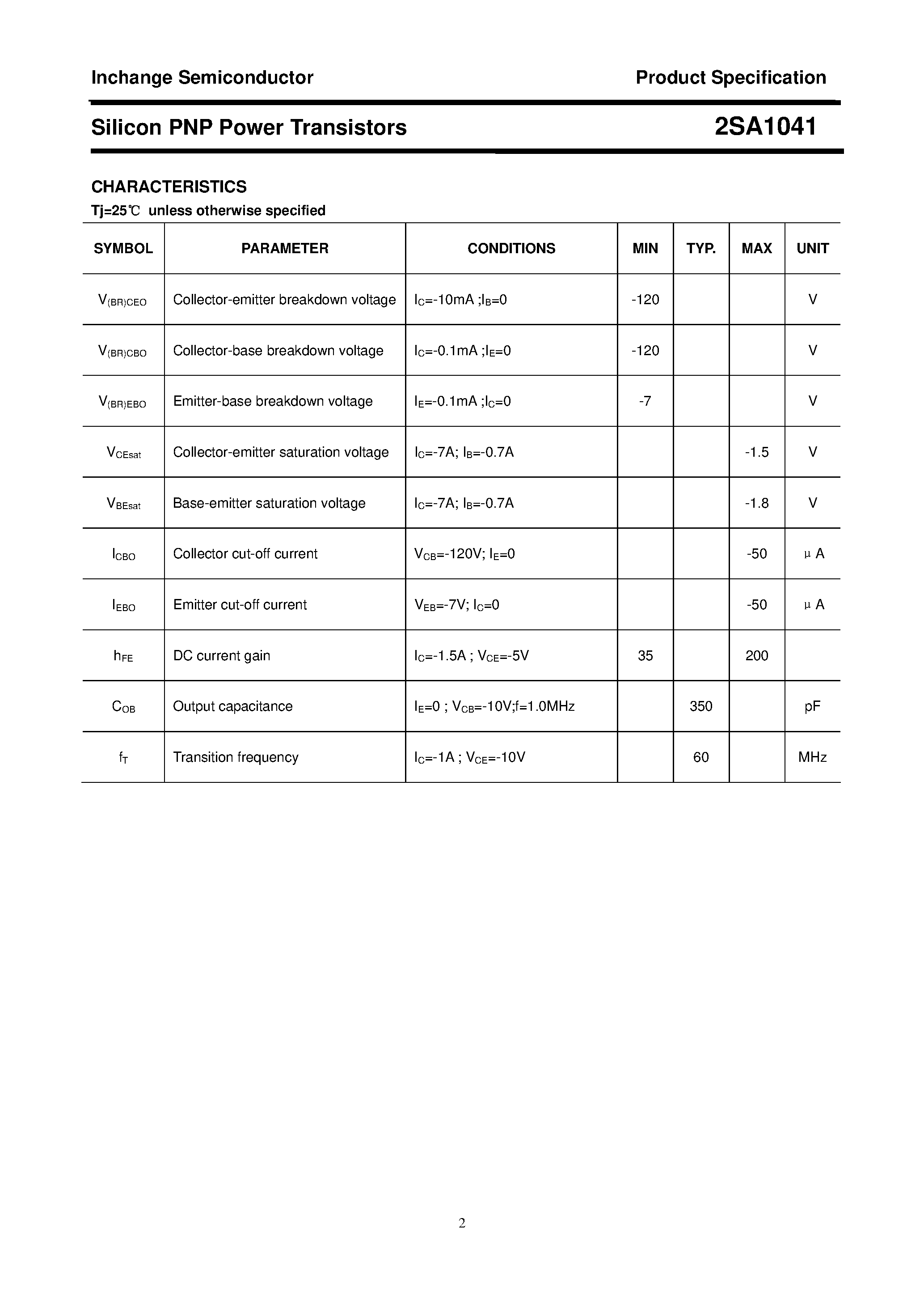 Datasheet 2SA1041 - POWER TRANSISTOR page 2