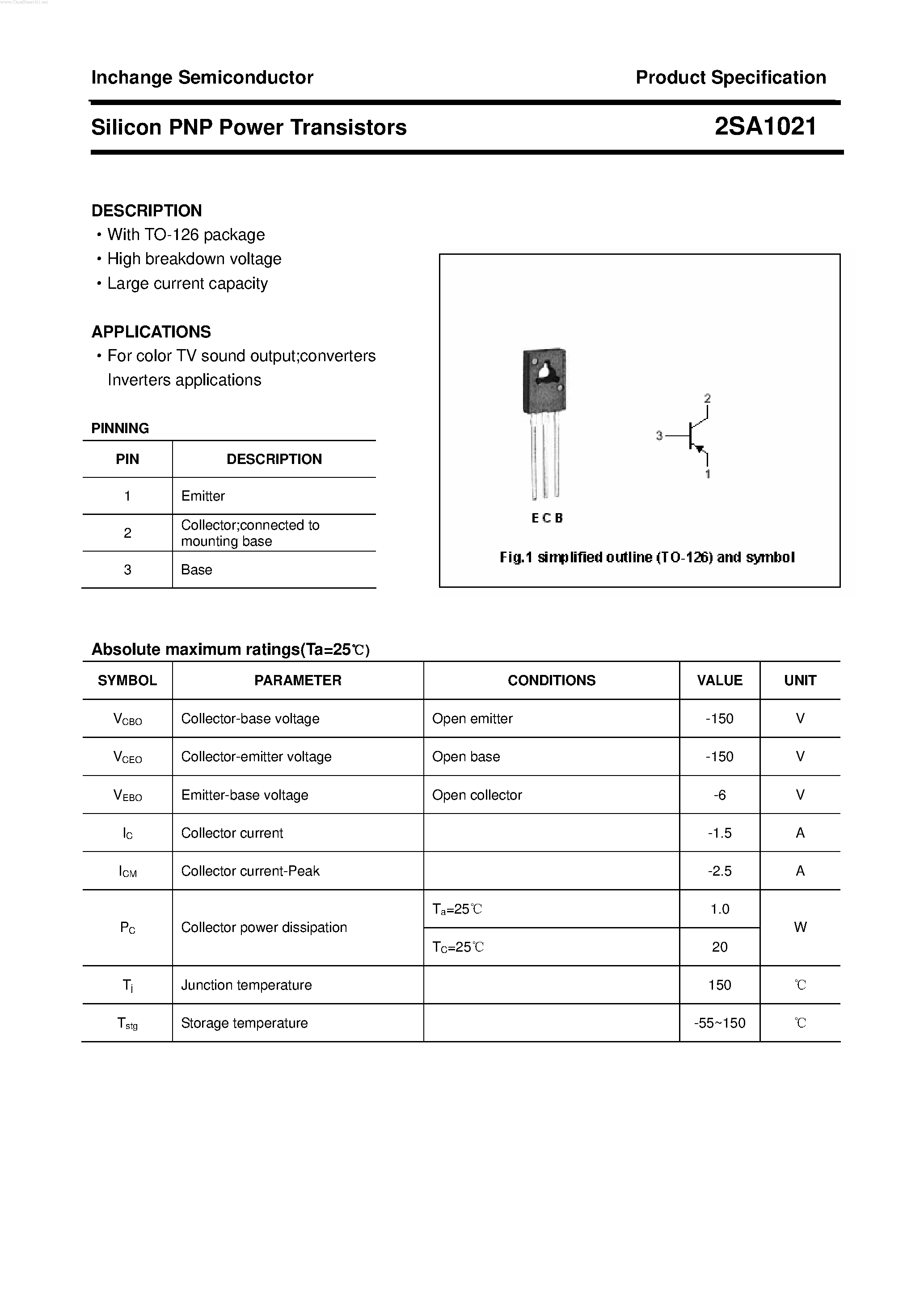 Datasheet 2SA1021 - POWER TRANSISTOR page 1