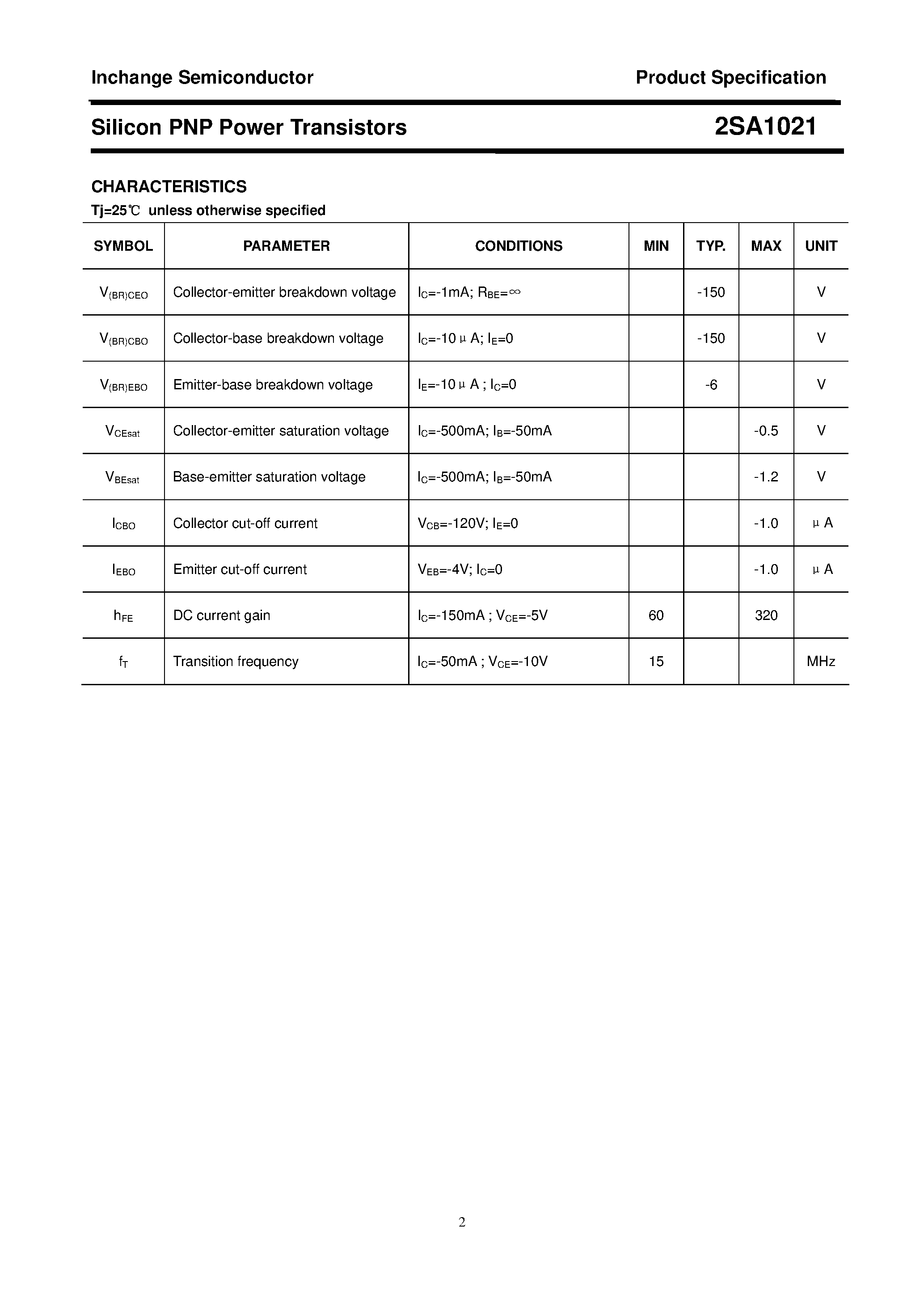 Datasheet 2SA1021 - POWER TRANSISTOR page 2