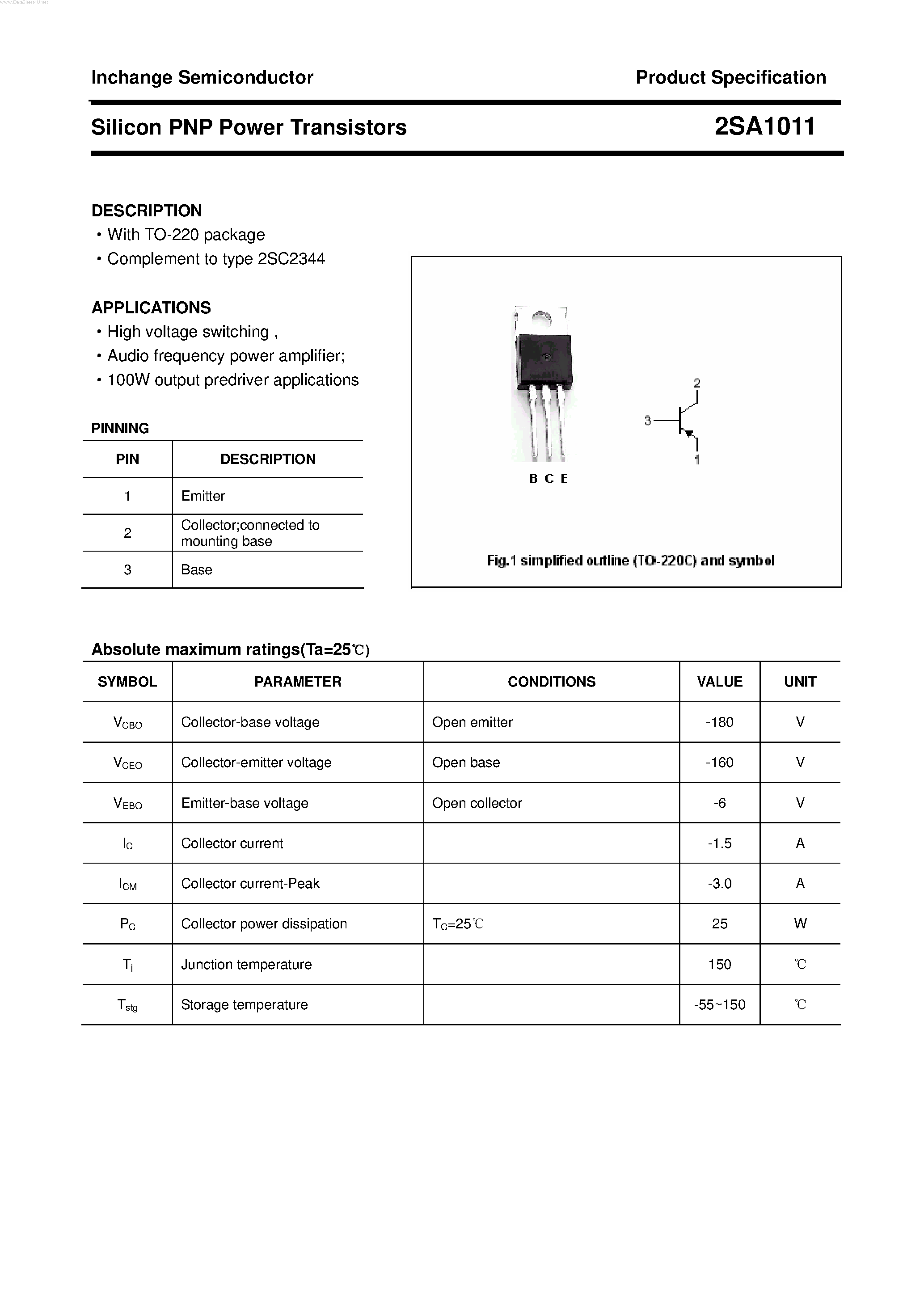 Даташит на микросхему 2SA1011 страница 1 Даташит 2SA1011 - POWER TRANSISTOR страница 1