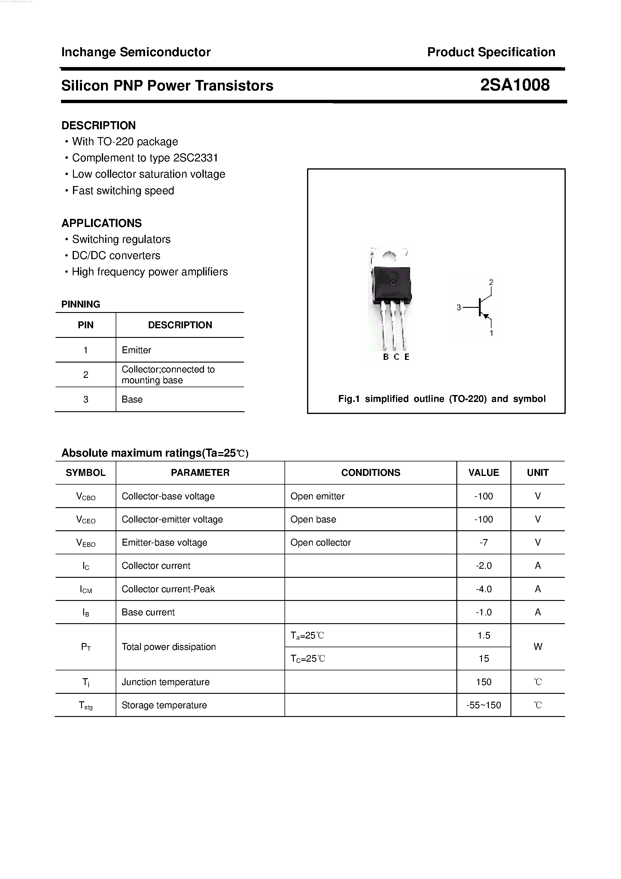 Datasheet 2SA1008 page 1 Datasheet 2SA1008 - POWER TRANSISTOR page 1