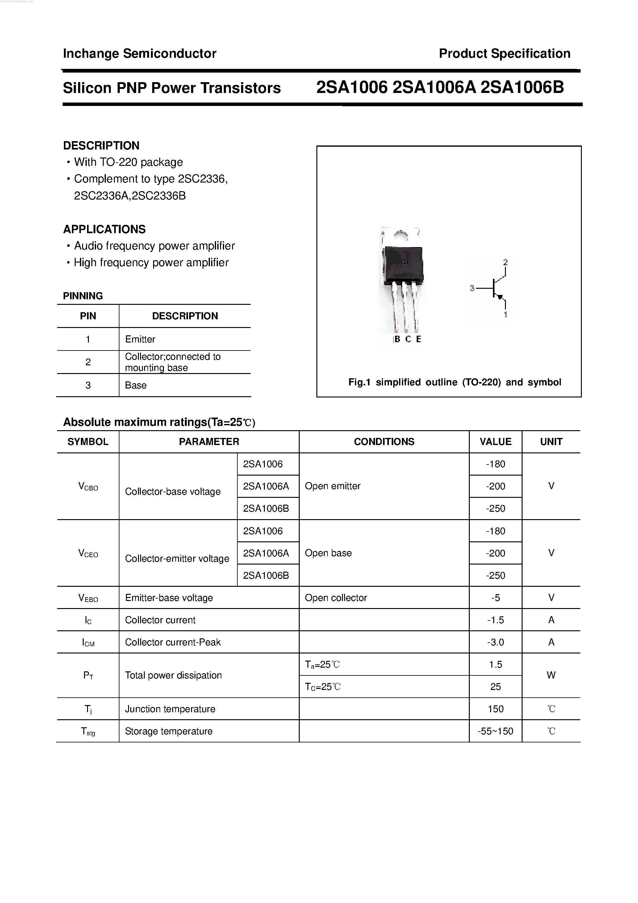 Datasheet 2SA1006B page 1 Datasheet 2SA1006B - POWER TRANSISTOR page 1