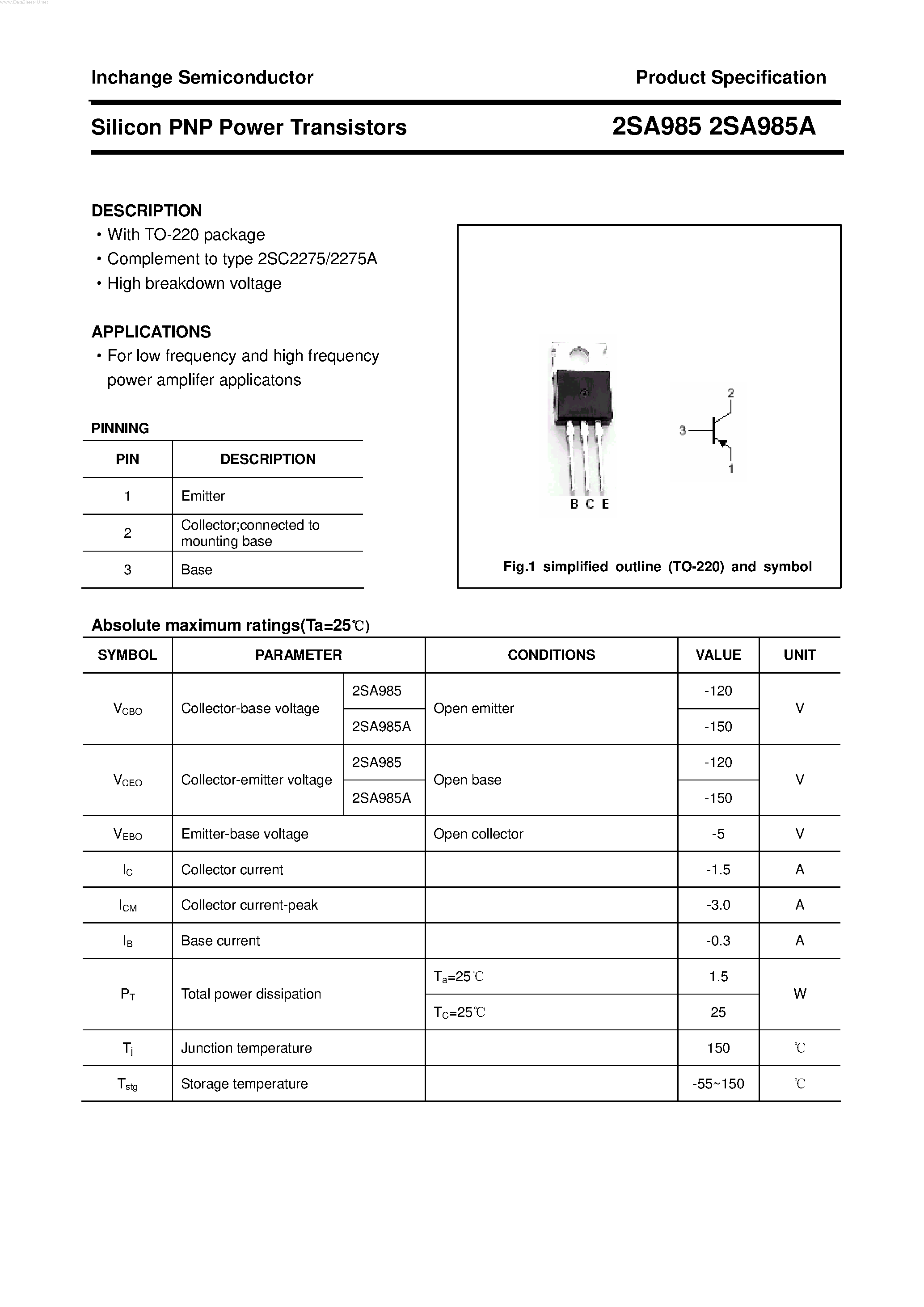 Даташит на микросхему 2SA985A страница 1 Даташит 2SA985A - POWER TRANSISTOR страница 1