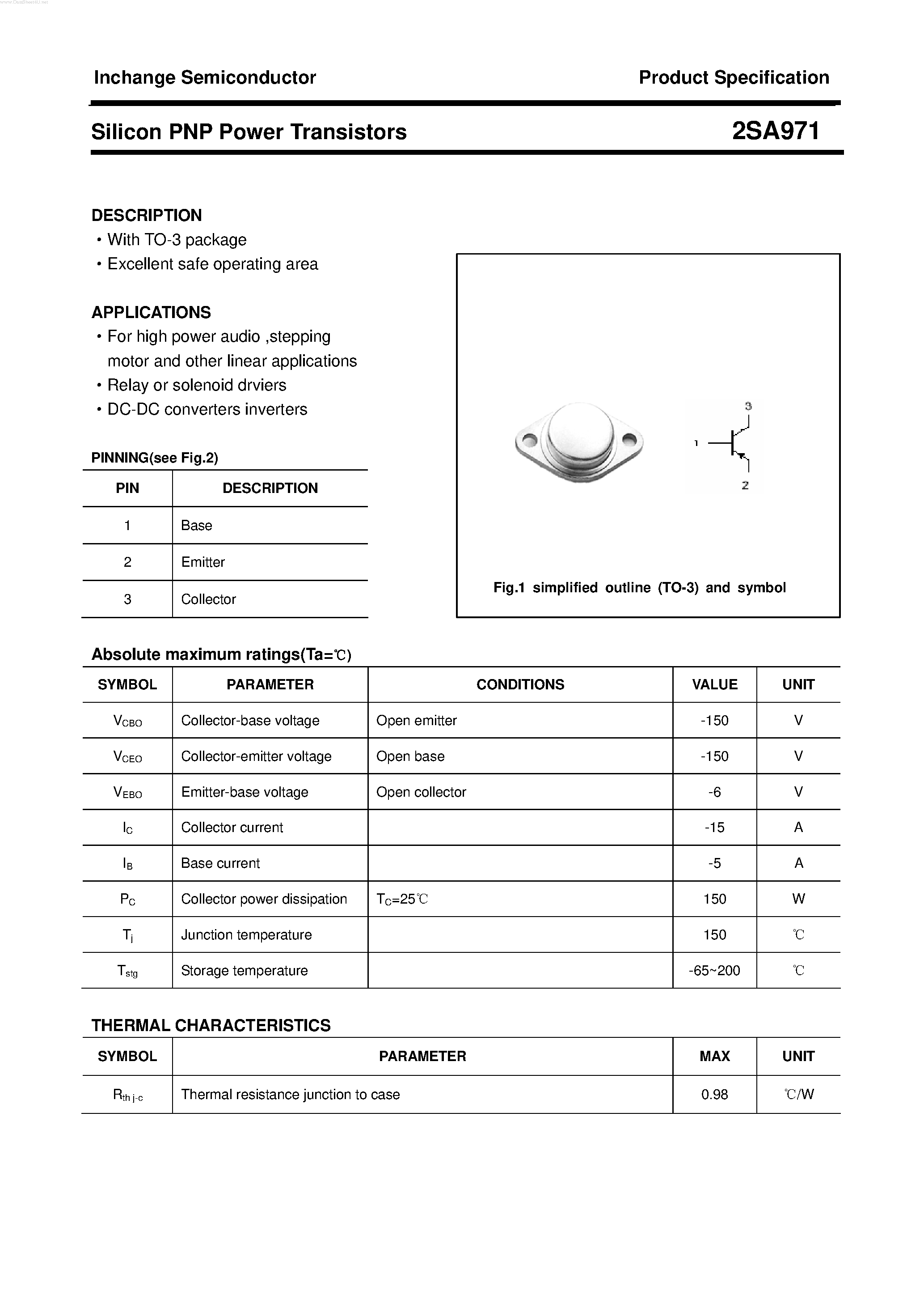 Даташит 2SA971 - POWER TRANSISTOR страница 1