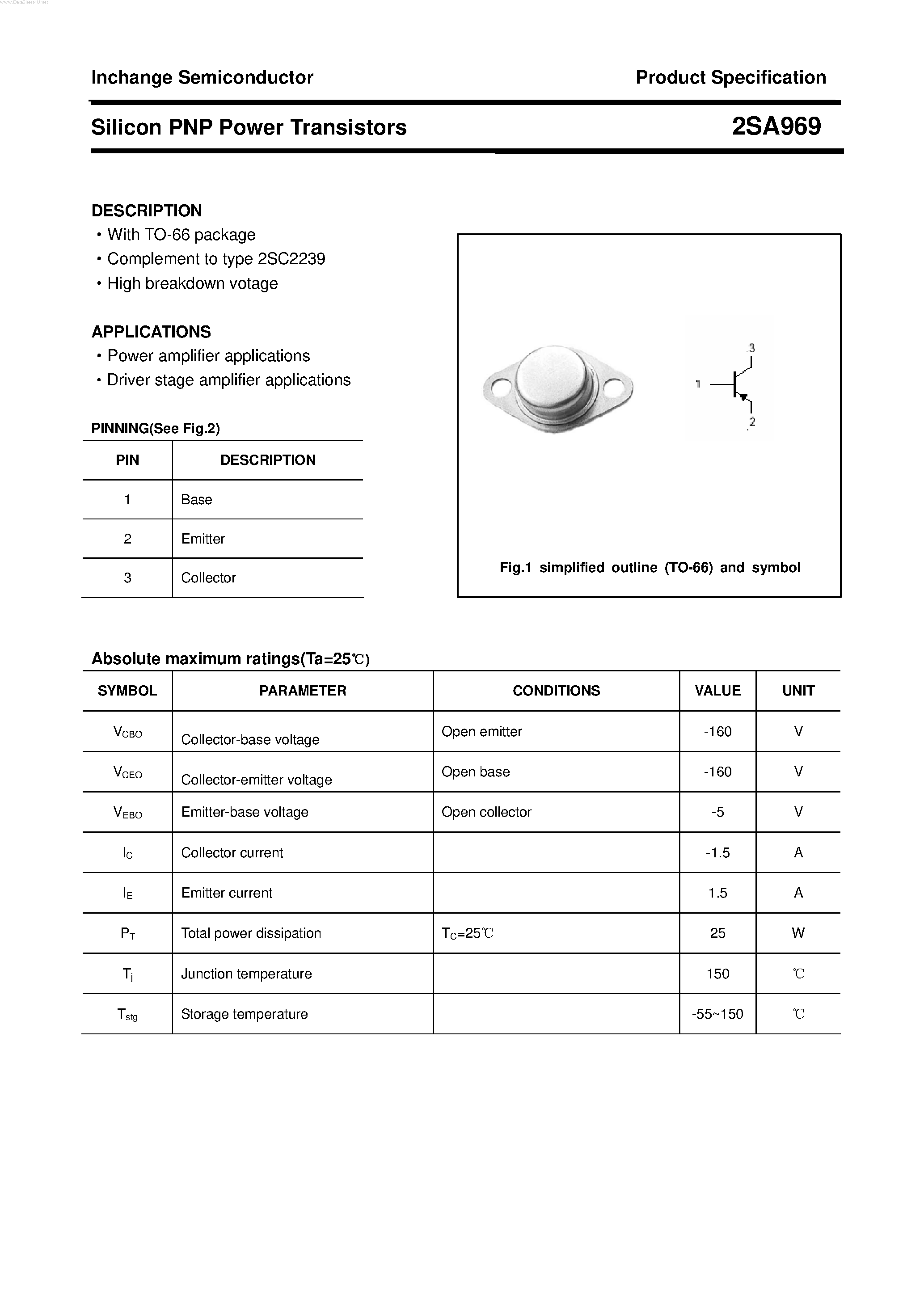Datasheet 2SA969 page 1 Datasheet 2SA969 - POWER TRANSISTOR page 1