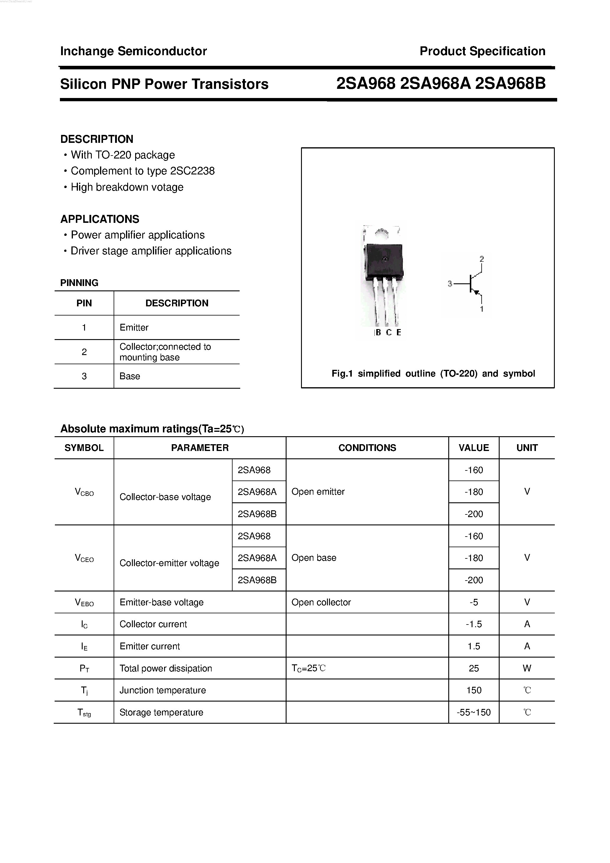 Datasheet 2SA968A - POWER TRANSISTOR page 1