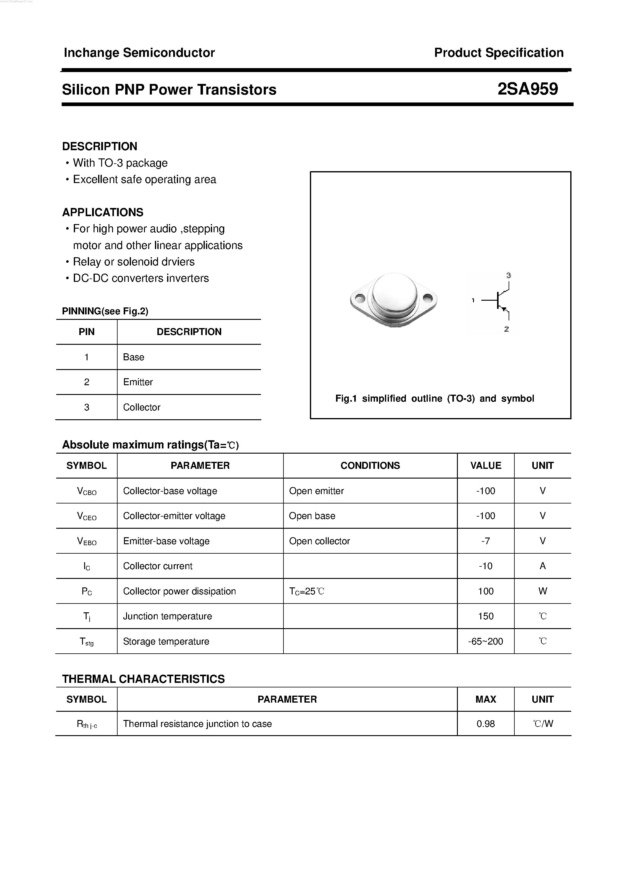 Datasheet 2SA959 - POWER TRANSISTOR page 1