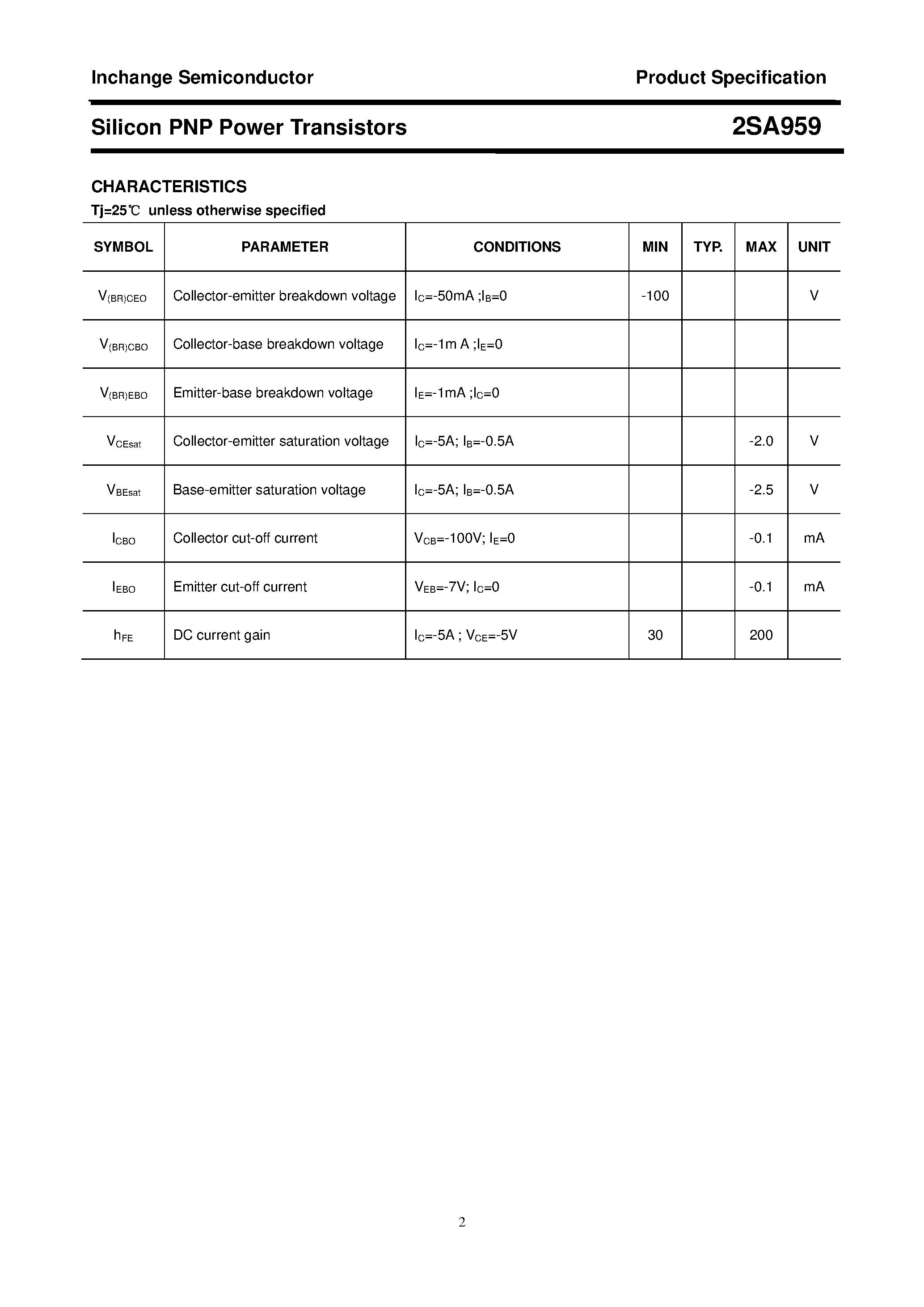 Datasheet 2SA959 - POWER TRANSISTOR page 2