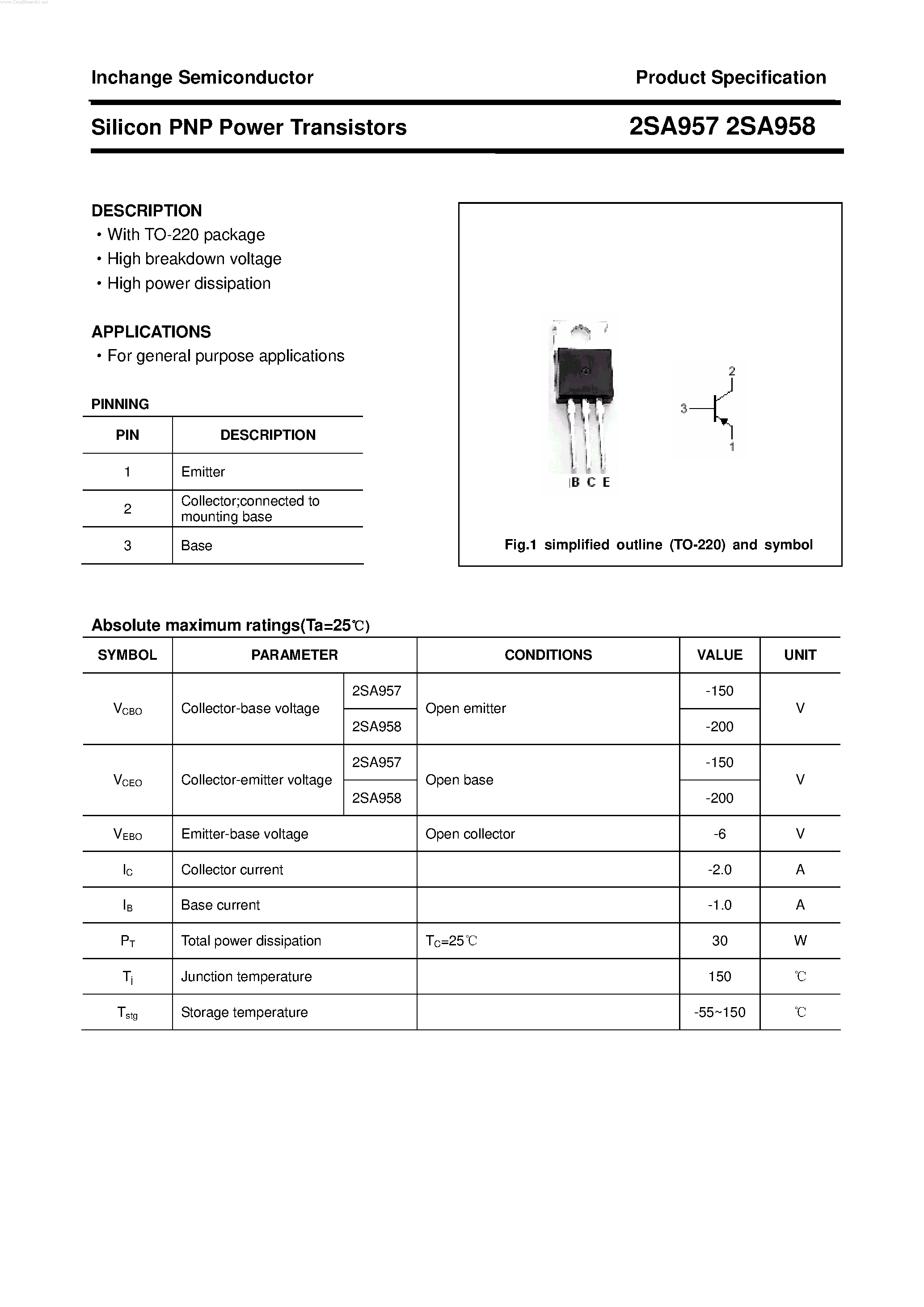 Datasheet 2SA957 page 1 Datasheet 2SA957 - POWER TRANSISTOR page 1