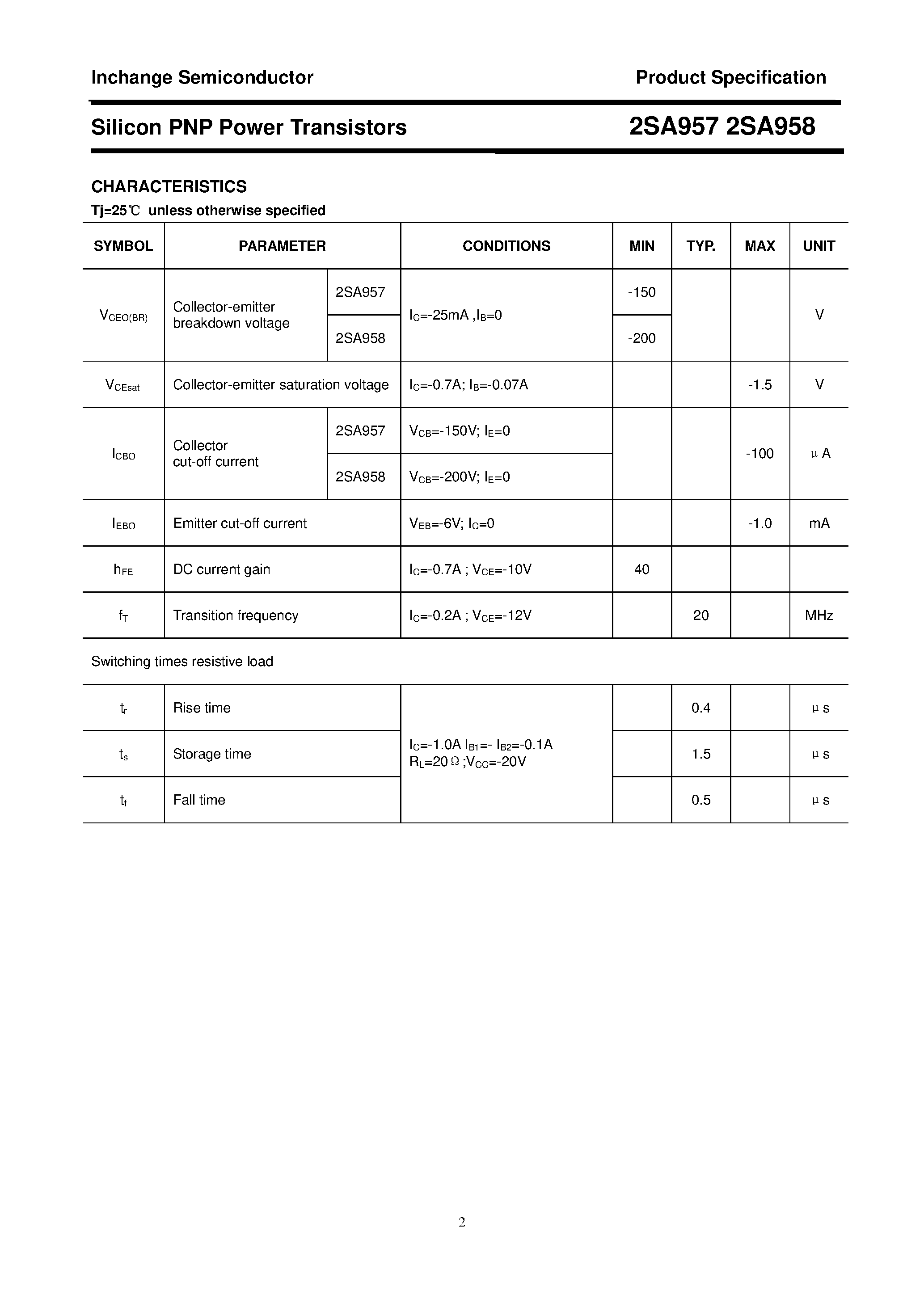 Datasheet 2SA957 page 2 Datasheet 2SA957 - POWER TRANSISTOR page 2
