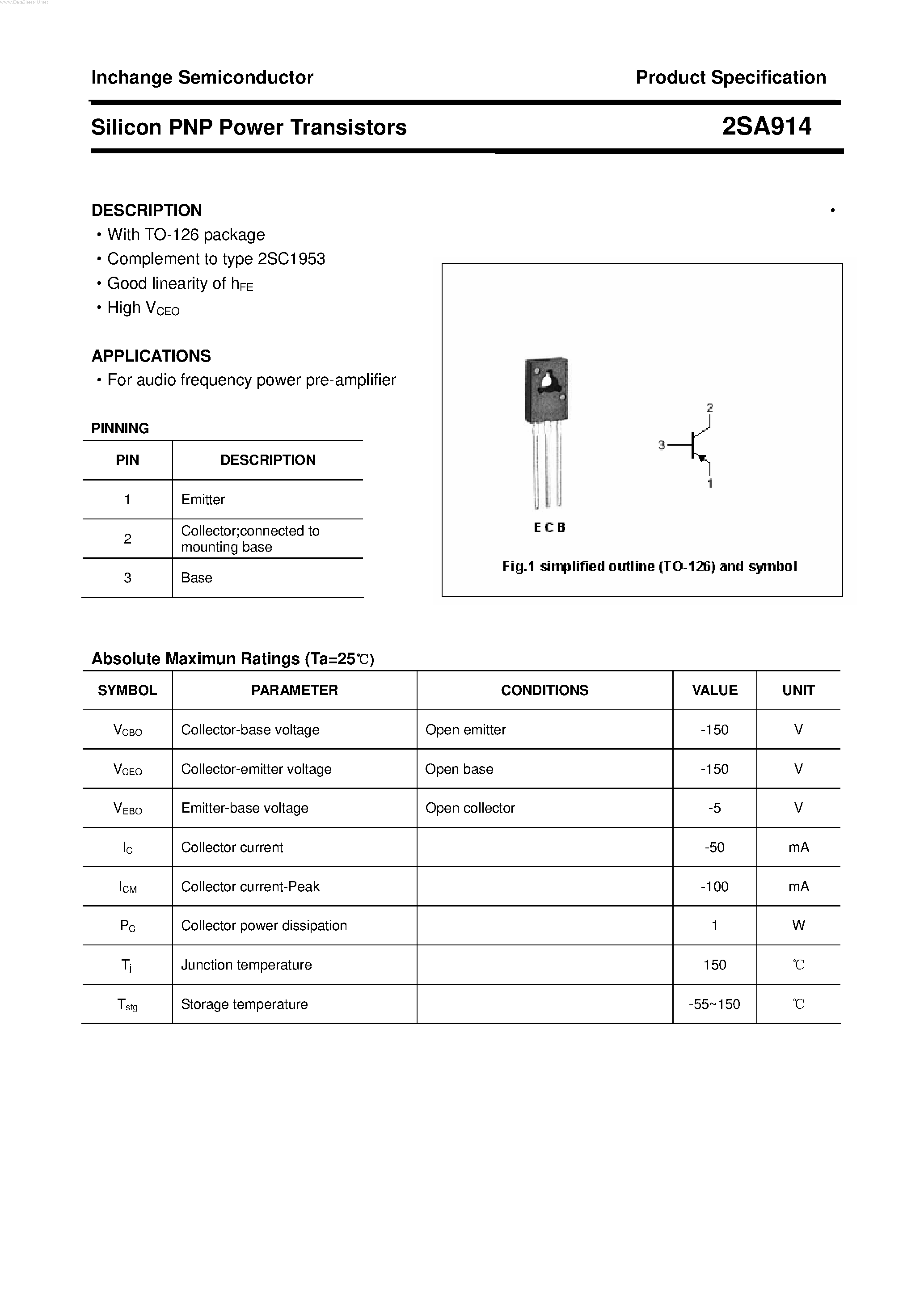 Datasheet 2SA914 page 1 Datasheet 2SA914 - POWER TRANSISTOR page 1