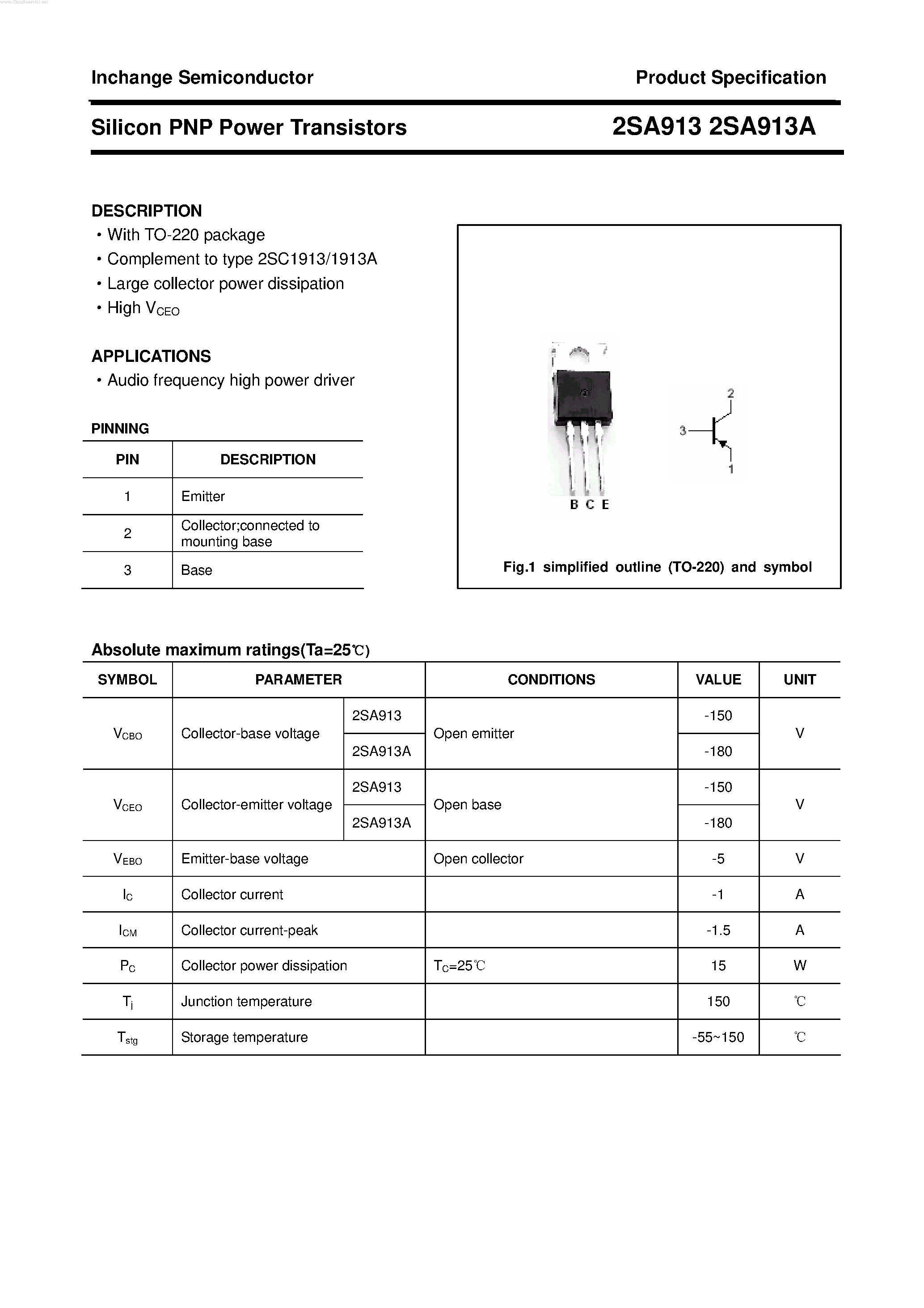 Datasheet 2SA913A page 1 Datasheet 2SA913A - POWER TRANSISTOR page 1