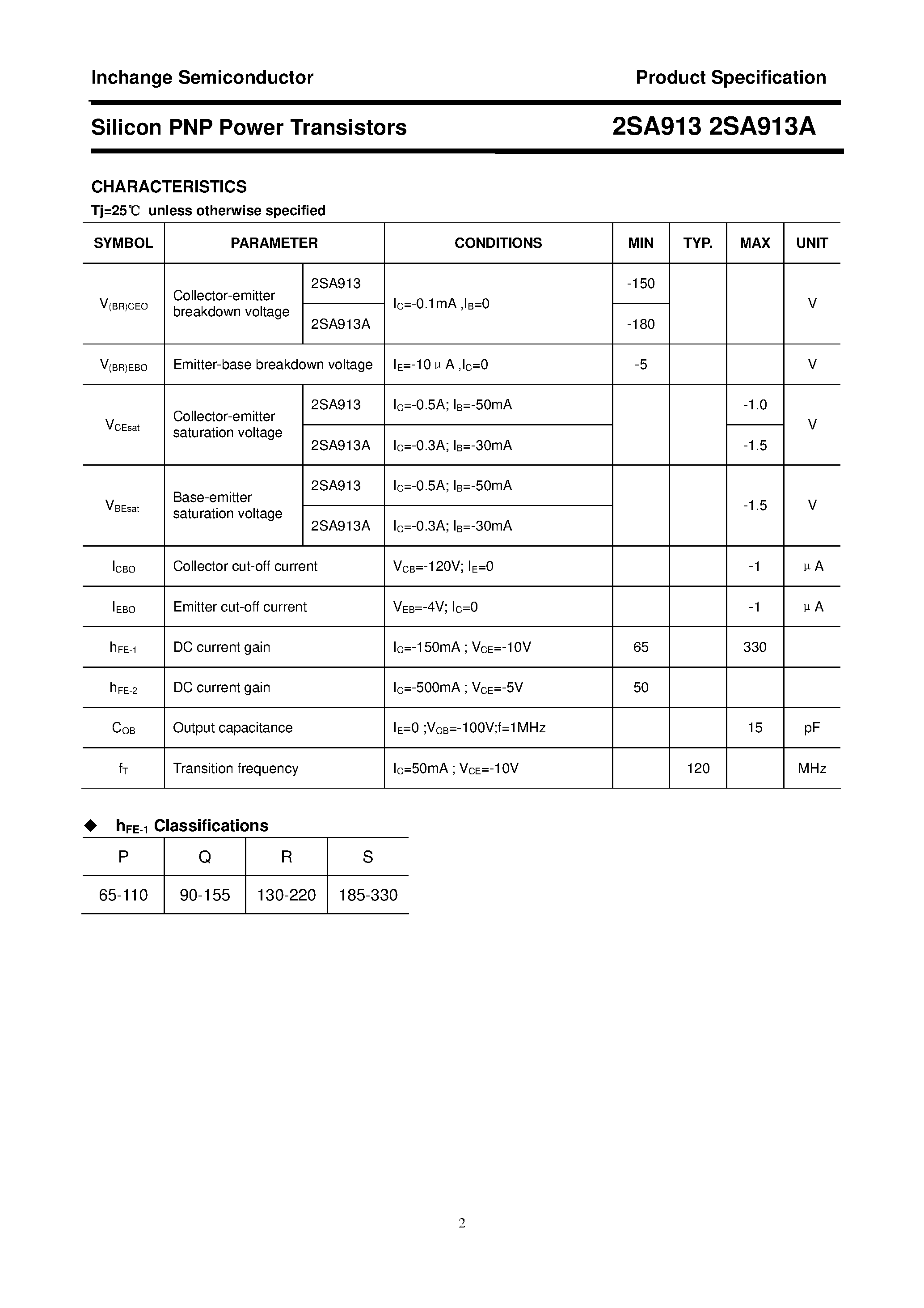 Datasheet 2SA913 page 2 Datasheet 2SA913 - POWER TRANSISTOR page 2