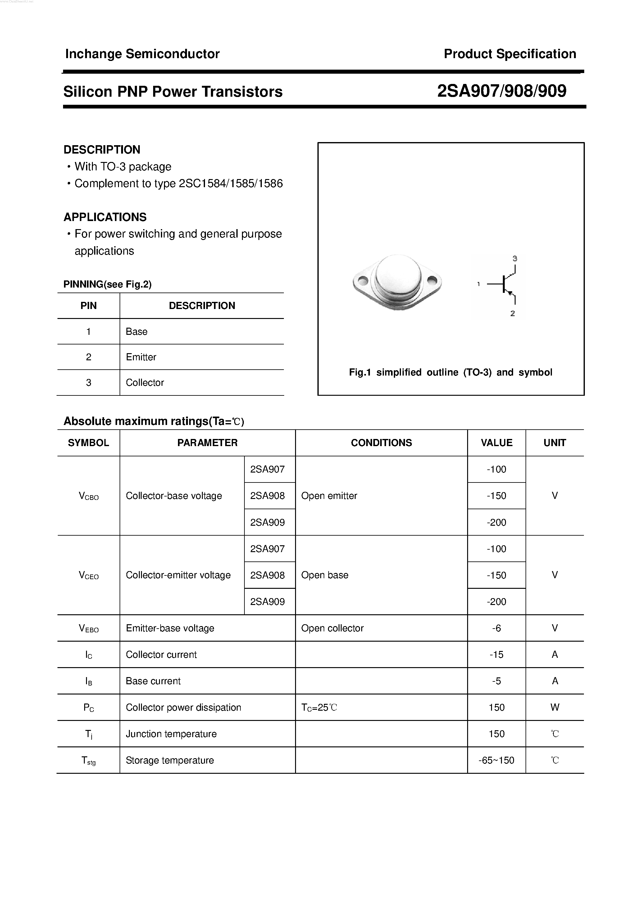 Datasheet 2SA908 page 1 Datasheet 2SA908 - POWER TRANSISTOR page 1