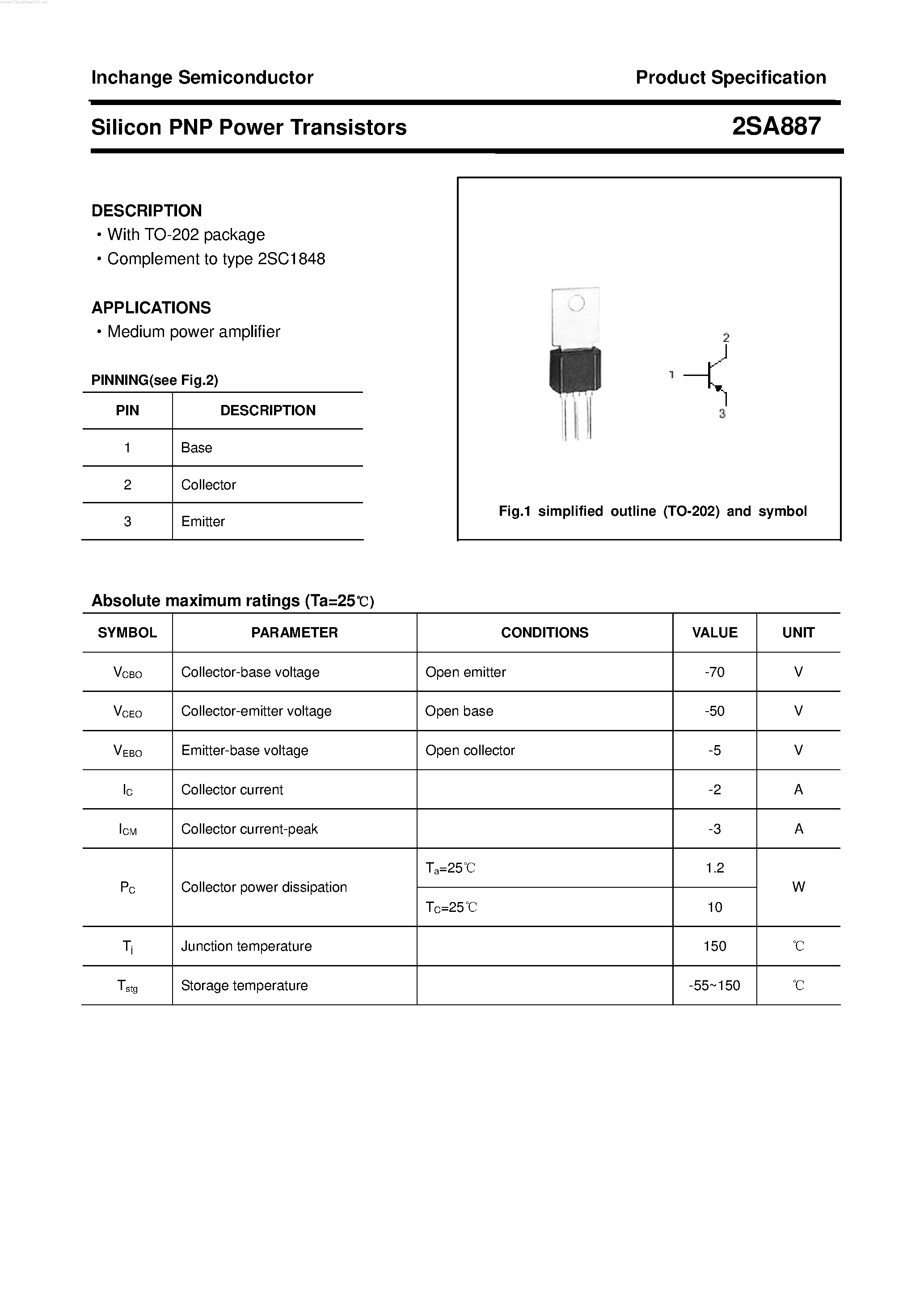Datasheet 2SA887 page 1 Datasheet 2SA887 - POWER TRANSISTOR page 1