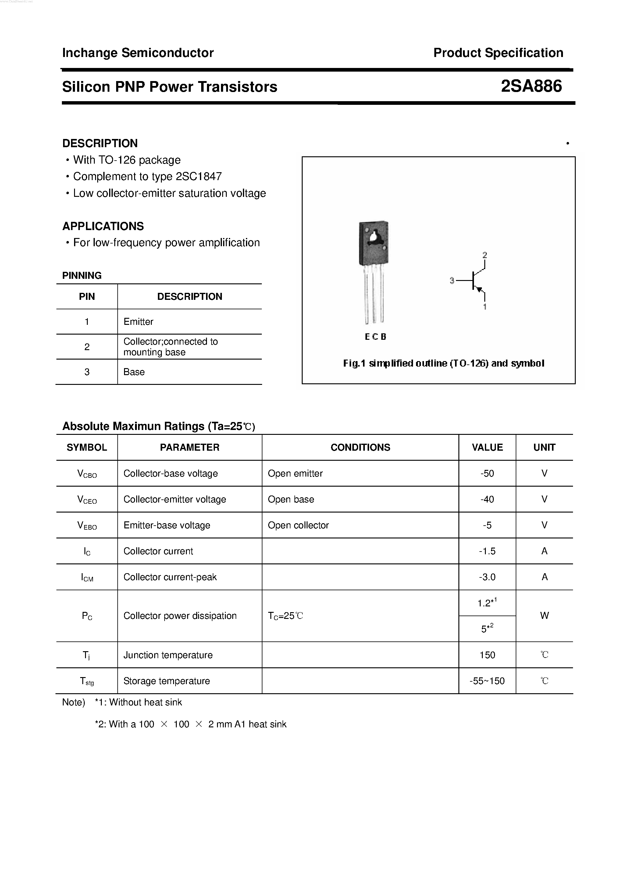 Datasheet 2SA886 page 1 Datasheet 2SA886 - POWER TRANSISTOR page 1