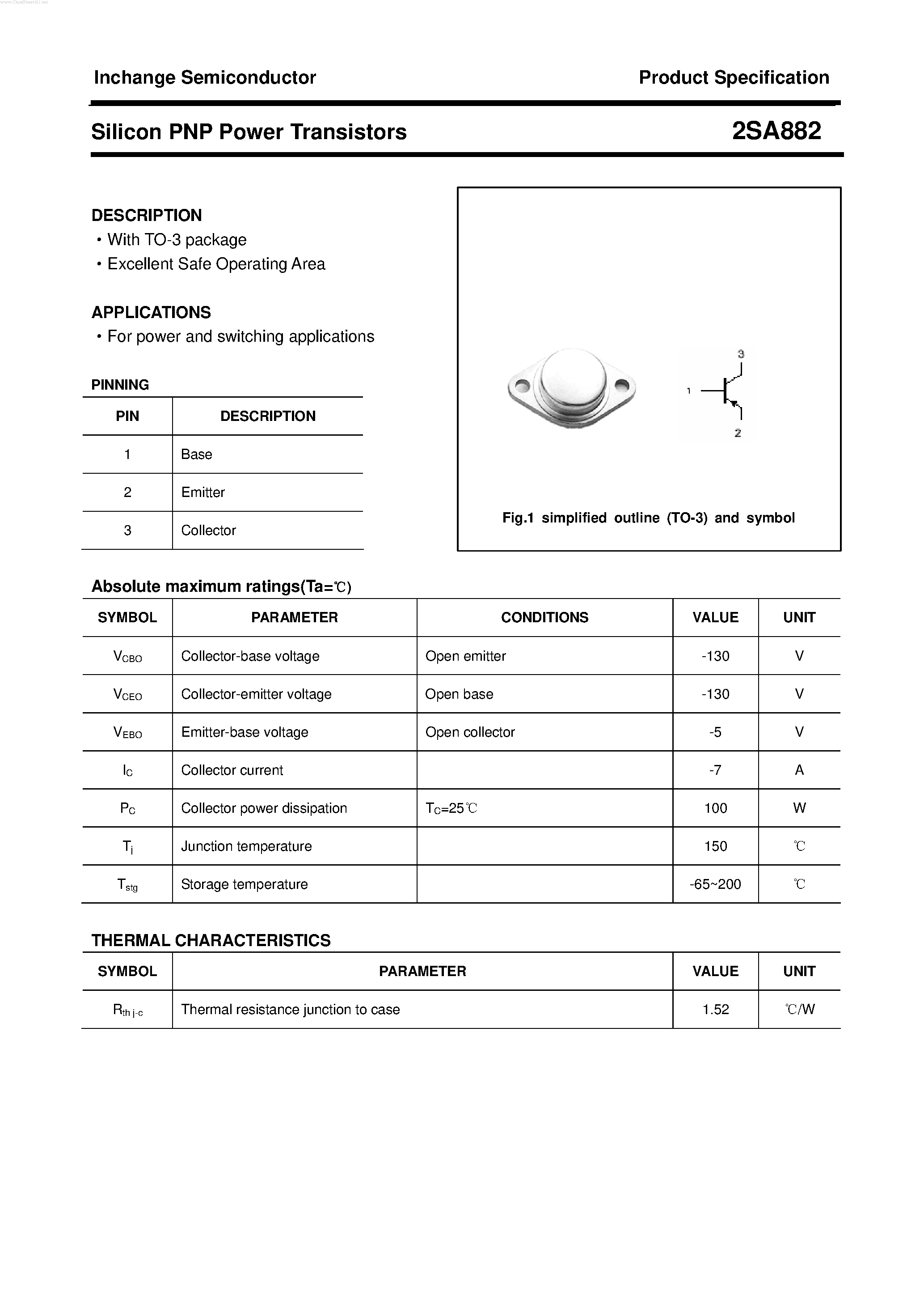Datasheet 2SA882 - POWER TRANSISTOR page 1