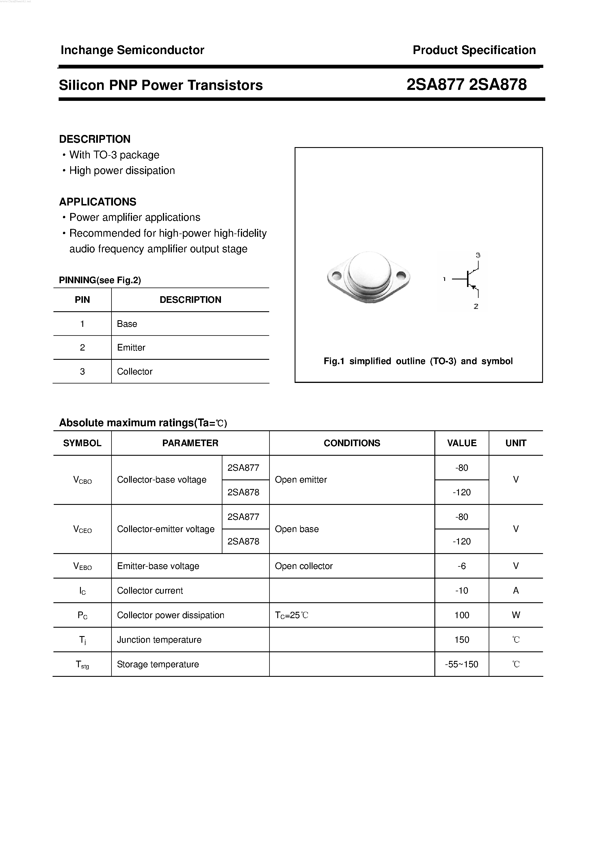 Datasheet 2SA878 - POWER TRANSISTOR page 1