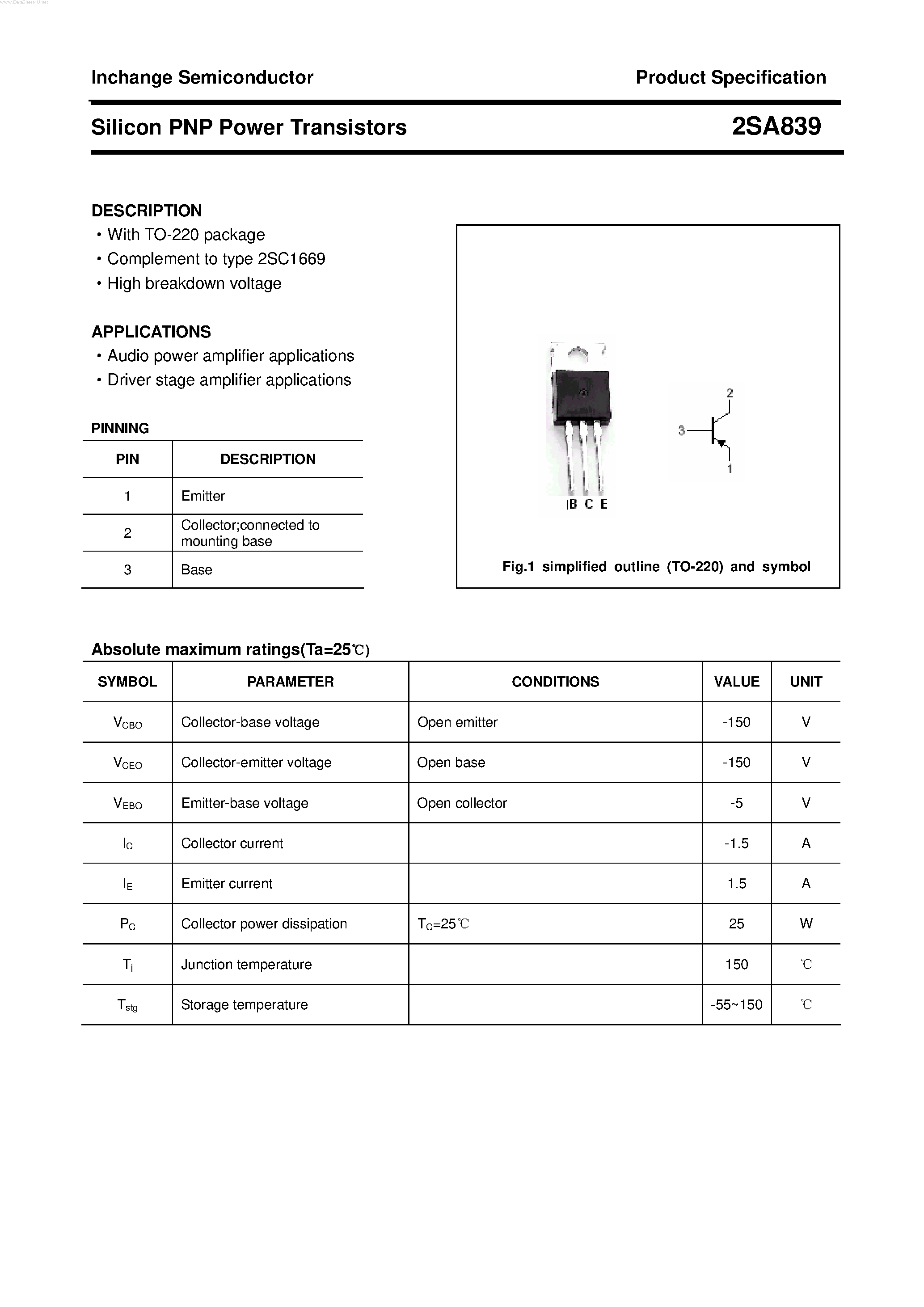 Datasheet 2SA839 page 1 Datasheet 2SA839 - POWER TRANSISTOR page 1