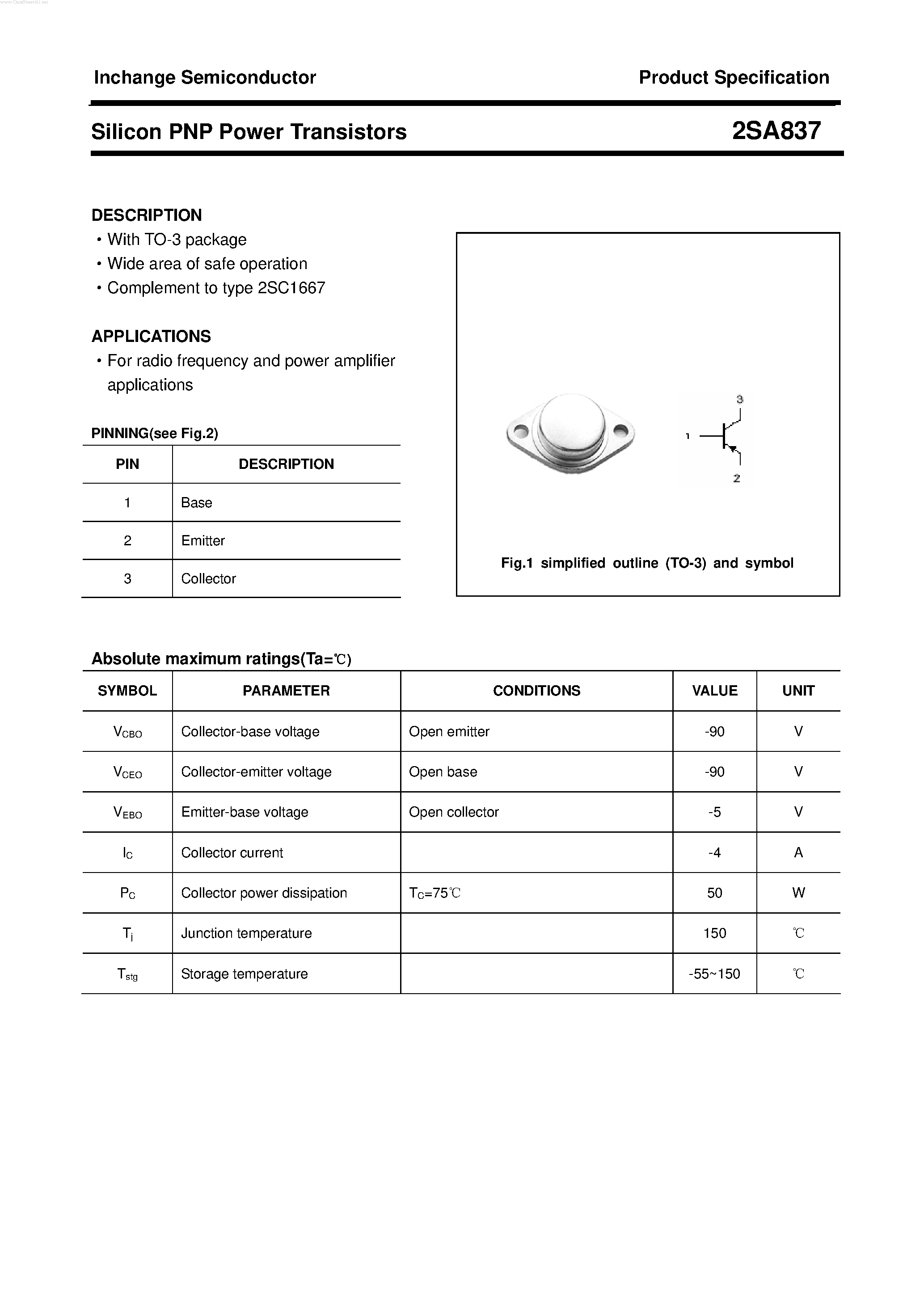 Datasheet 2SA837 page 1 Datasheet 2SA837 - POWER TRANSISTOR page 1