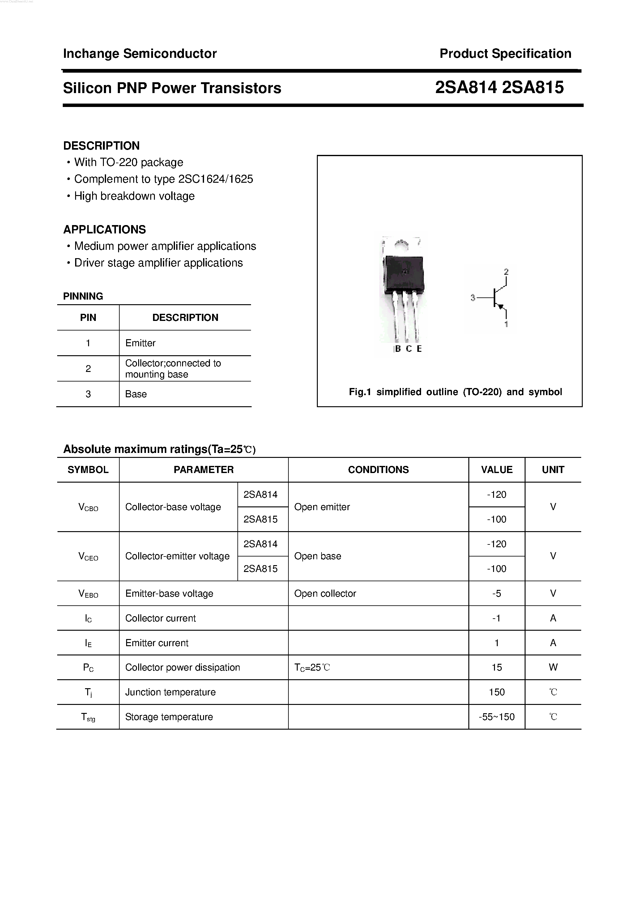 Datasheet 2SA814 page 1 Datasheet 2SA814 - POWER TRANSISTOR page 1