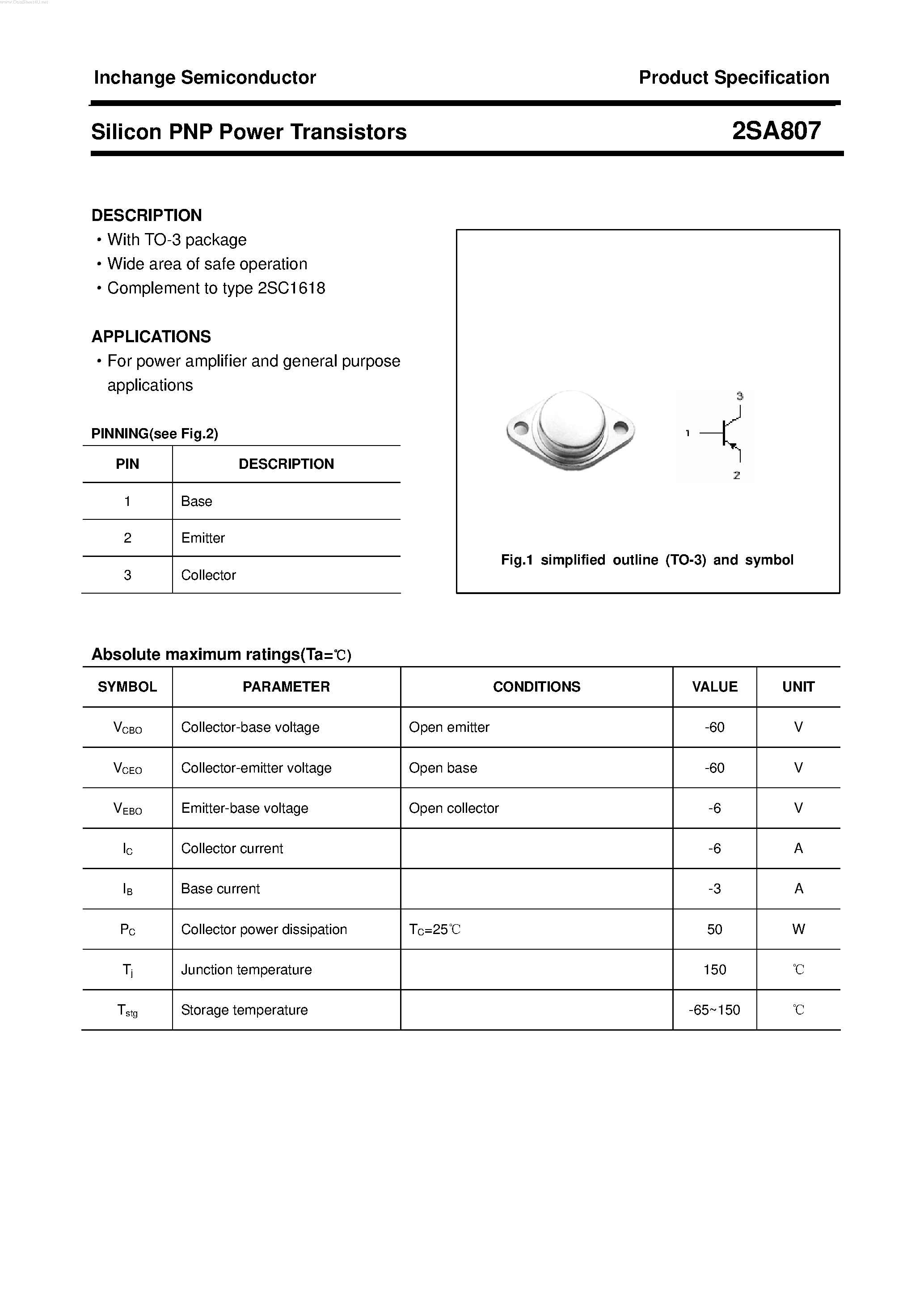 Datasheet 2SA807 - POWER TRANSISTOR page 1