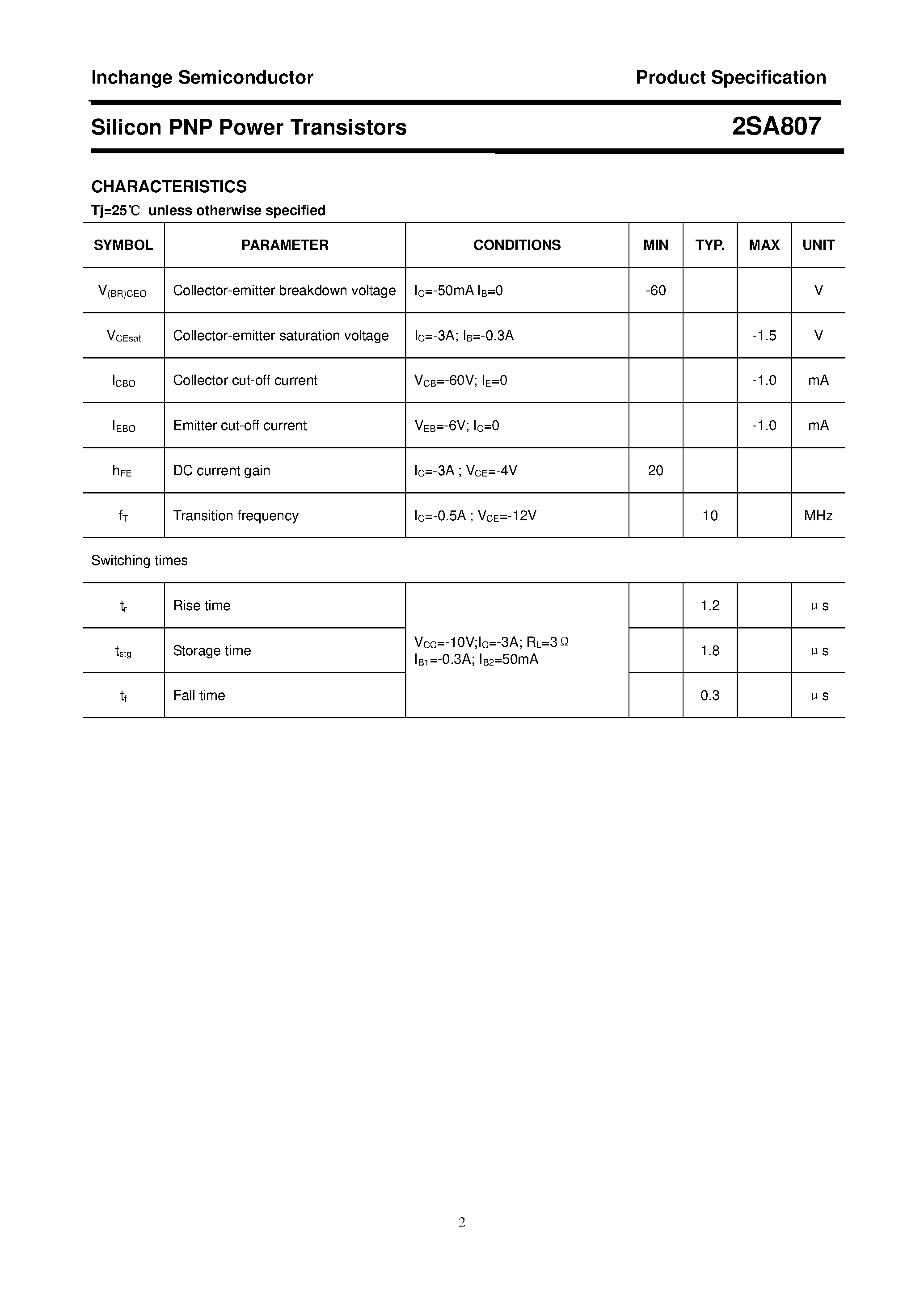 Datasheet 2SA807 - POWER TRANSISTOR page 2
