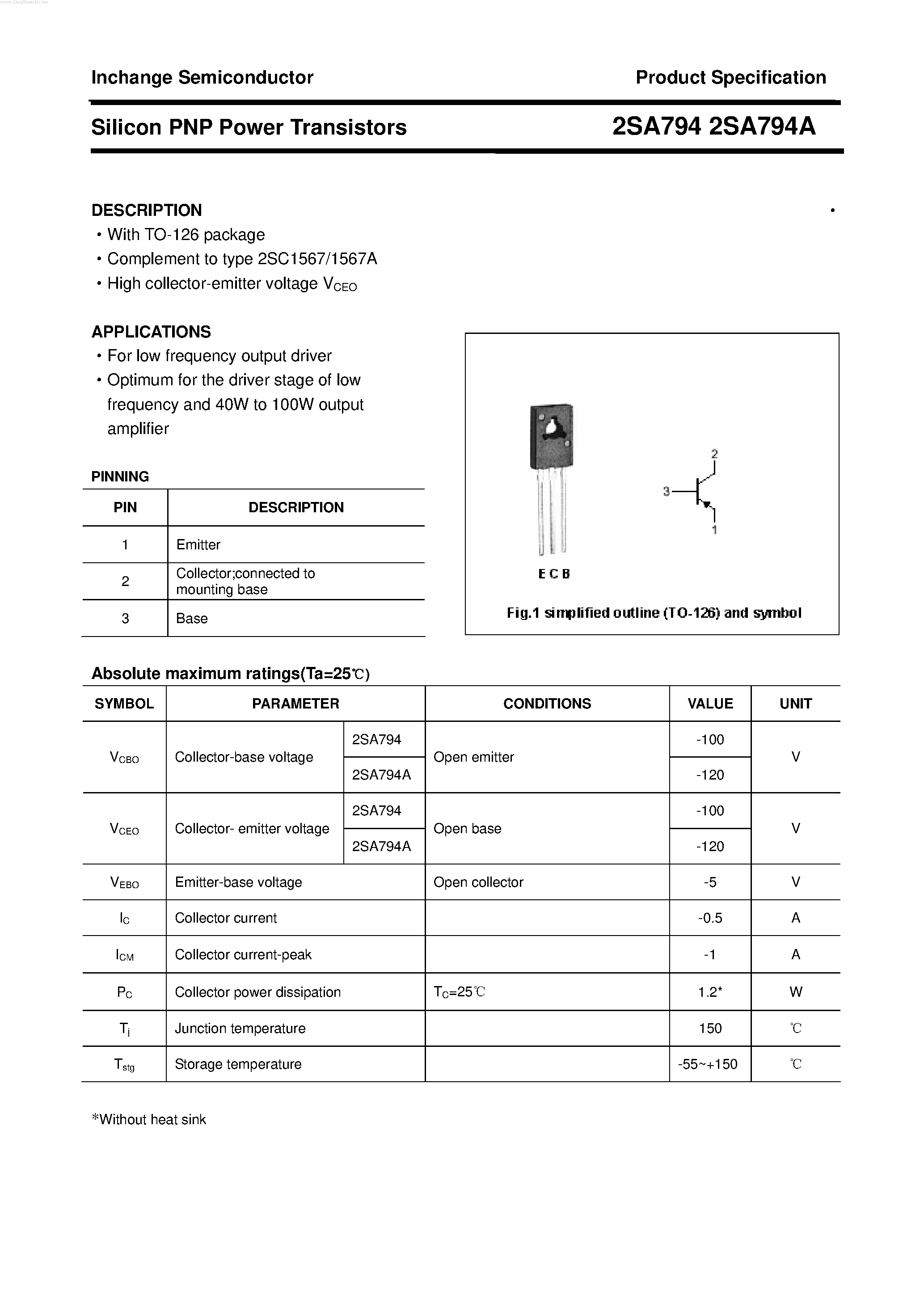Datasheet 2SA794 page 1 Datasheet 2SA794 - POWER TRANSISTOR page 1