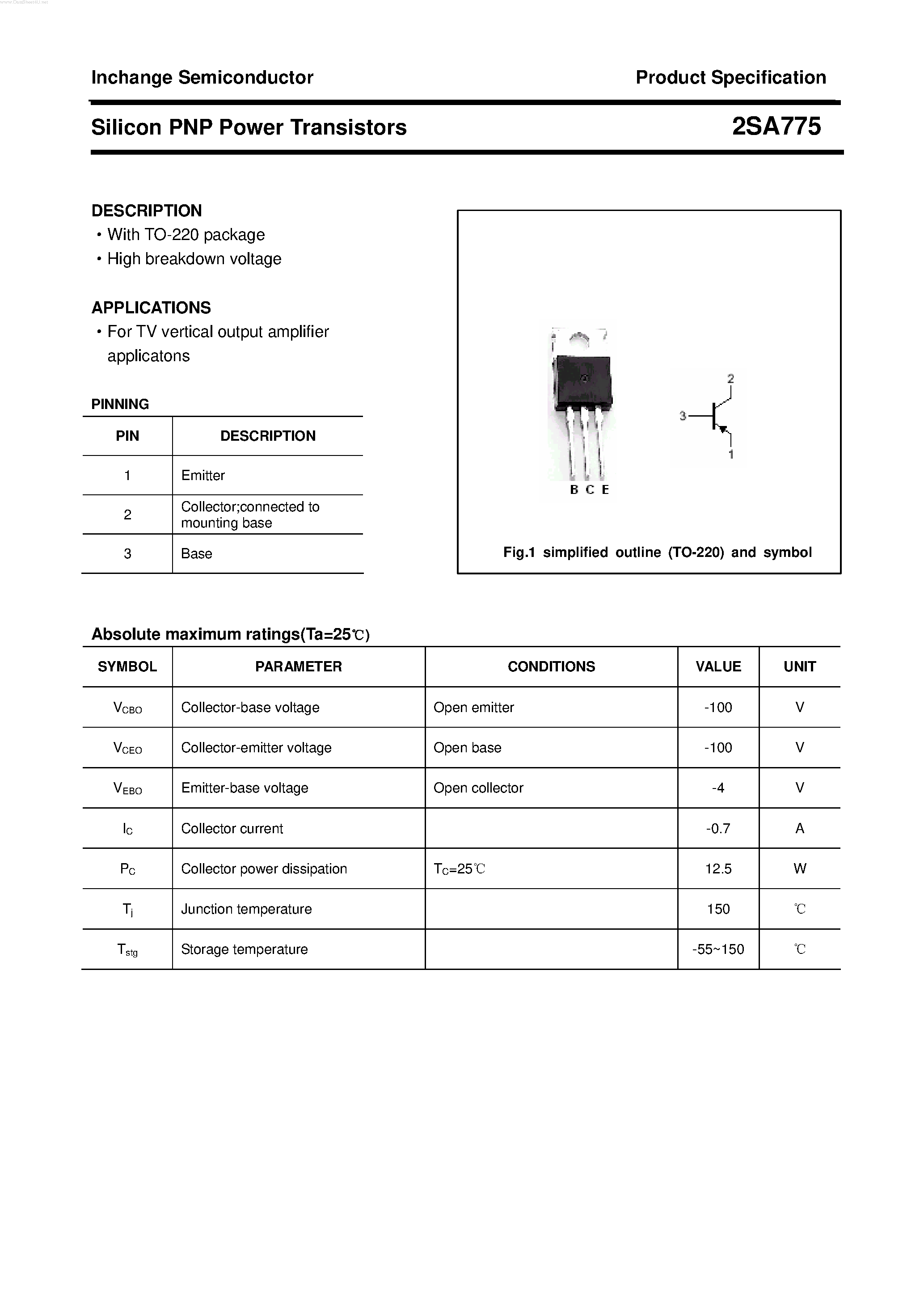 Datasheet 2SA775 - POWER TRANSISTOR page 1