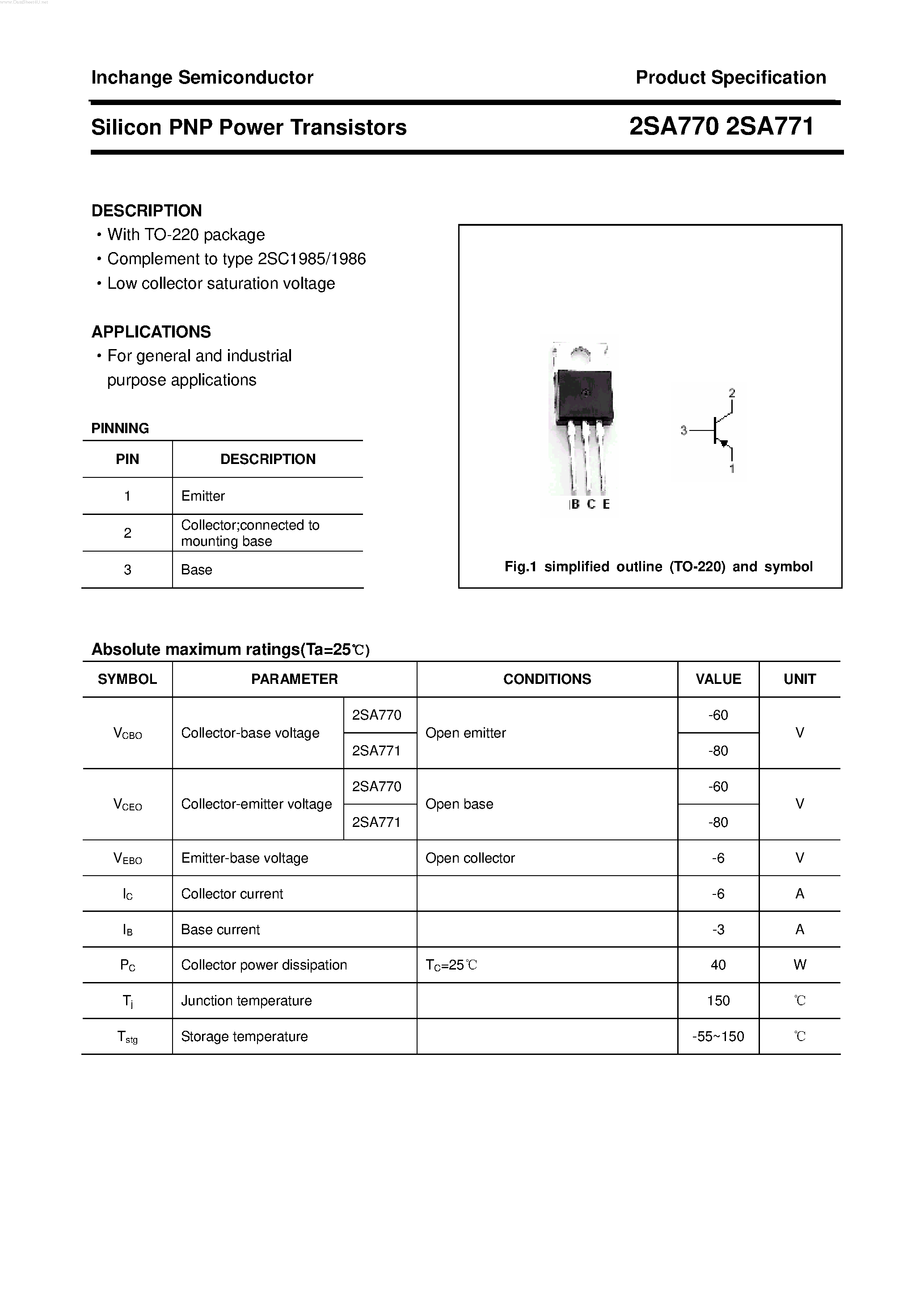 Datasheet 2SA770 - POWER TRANSISTOR page 1