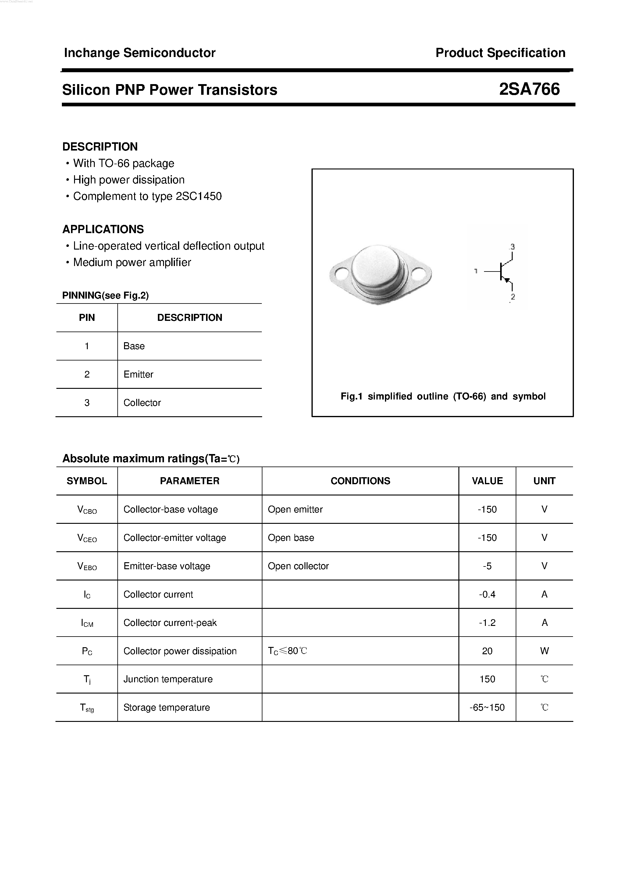 Datasheet 2SA766 - POWER TRANSISTOR page 1