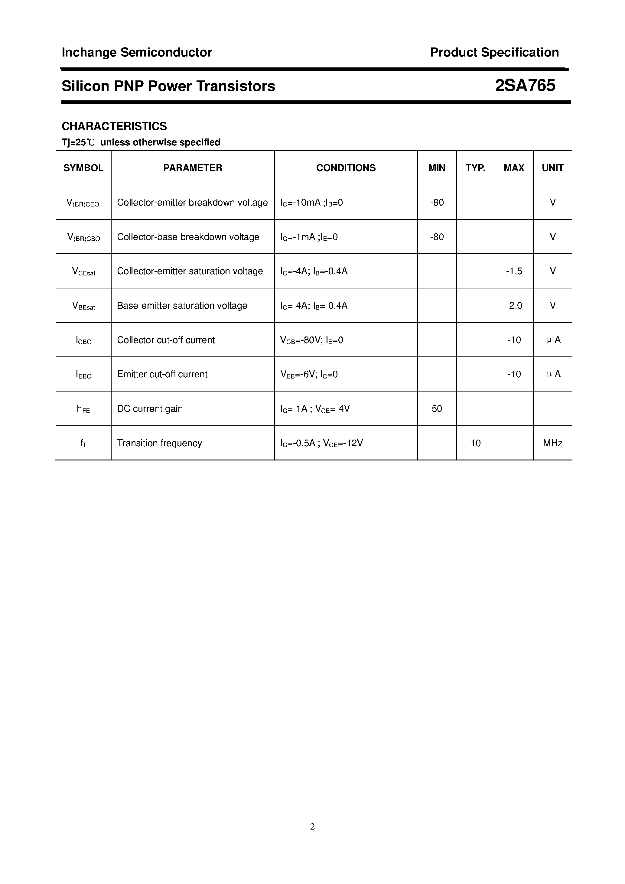 Datasheet 2SA765 - POWER TRANSISTOR page 2