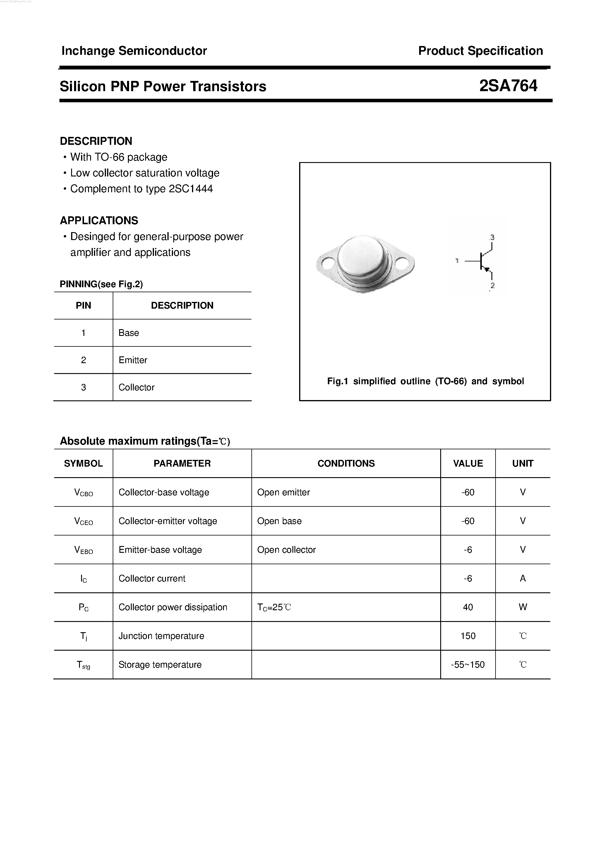 Datasheet 2SA764 - POWER TRANSISTOR page 1