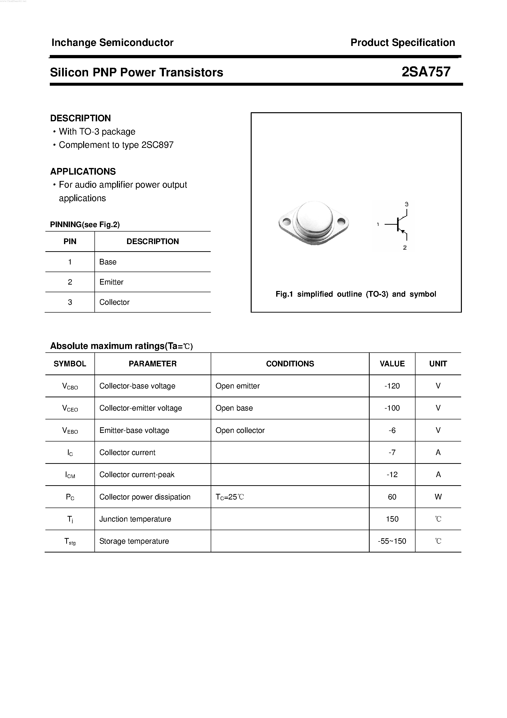 Datasheet 2SA757 page 1 Datasheet 2SA757 - POWER TRANSISTOR page 1