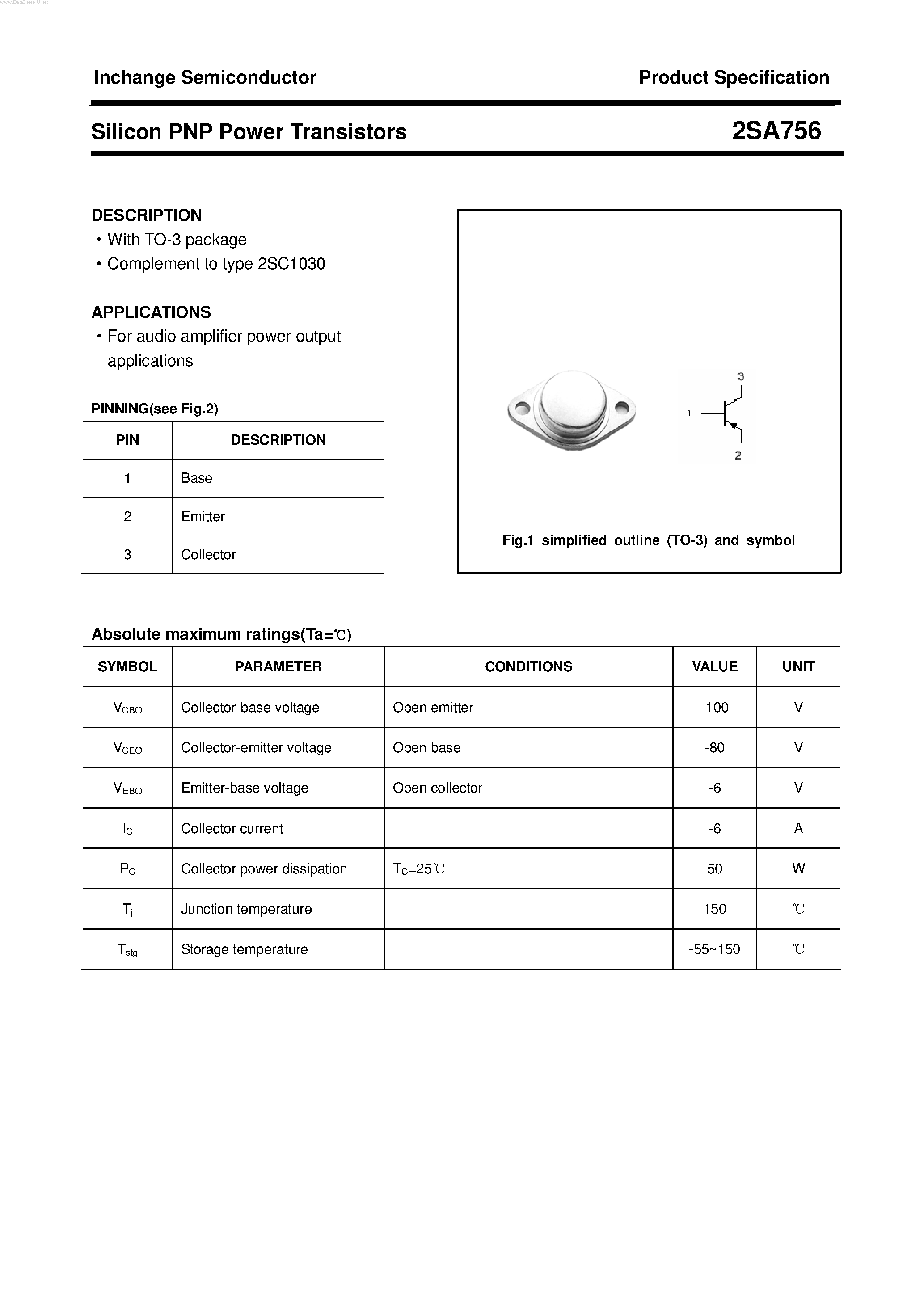 Datasheet 2SA756 - POWER TRANSISTOR page 1